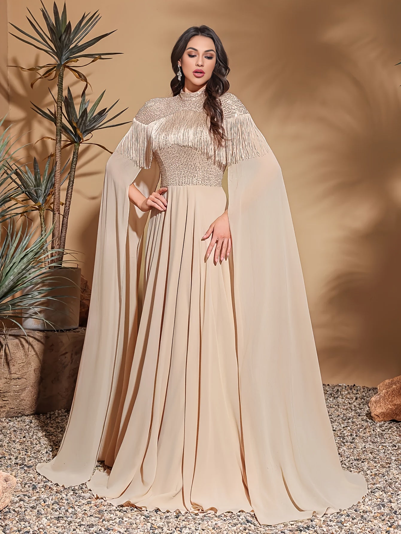 Elegant Chiffon Long Gown with Sequin Detail, Floor-Length Sleeves, and Tassel Detail - Beige, Polyester, Adult, Formal Event, Party Dres