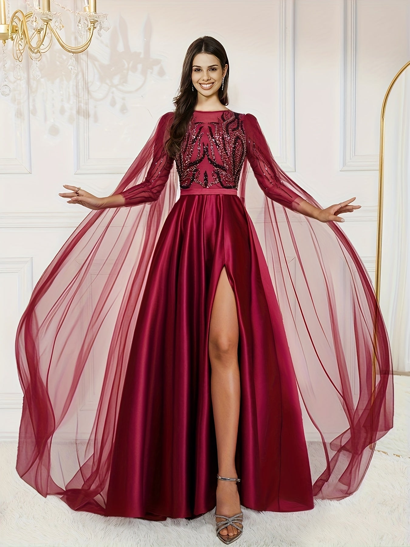 Elegant Women's Sleeveless Sequined & Beaded Formal Dress - Rich Red A-Line Mermaid Evening Gown with Extra-Long Train for Prom, Weddings, Galas & Special Occasions, Mermaid Gifts