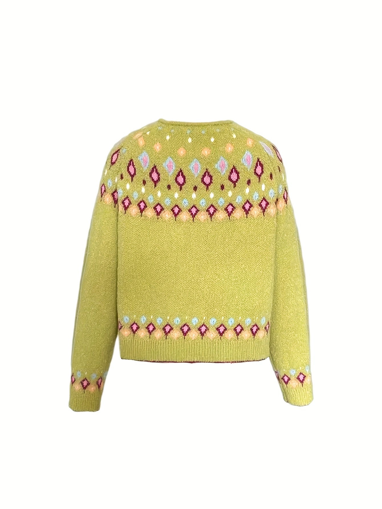 Stylish Green & Multicolor Geometric Pattern Knit Cardigan - Casual V-Neck, Polyester, Ideal for Fall\u002FWinter, Ladies Cardigans