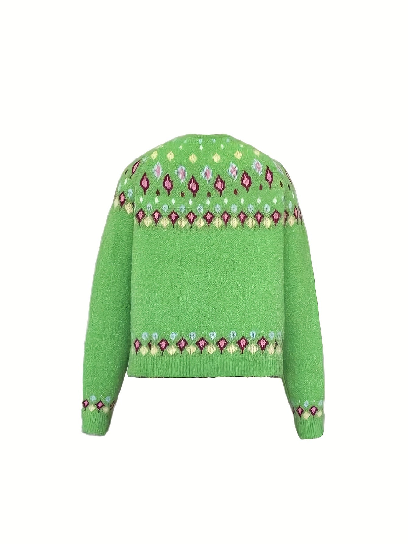 Stylish Green & Multicolor Geometric Pattern Knit Cardigan - Casual V-Neck, Polyester, Ideal for Fall\u002FWinter, Ladies Cardigans