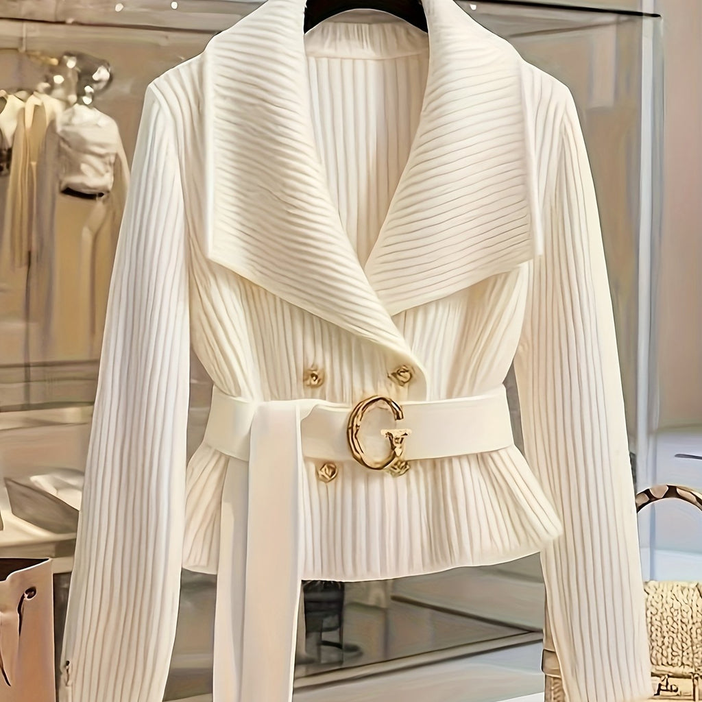 Chic White Collared Sweater Jacket for Women - Elegant Long Sleeve, Button-Up Front, Cinched Waist, Medium Stretch, Perfect for Fall\u002FWinter, Stylish Outerwear|Sophisticated Style| Construction
