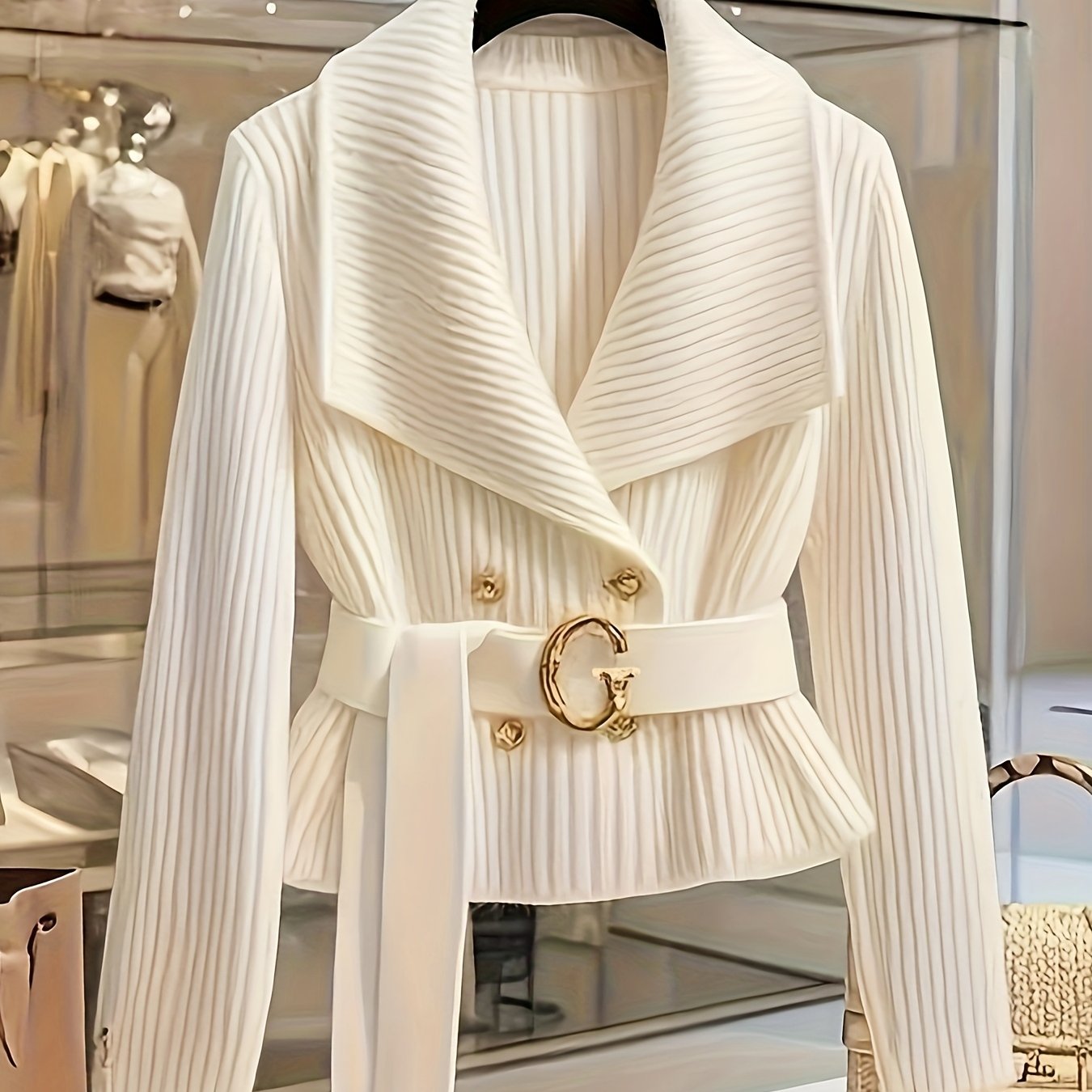 Chic White Collared Sweater Jacket for Women - Elegant Long Sleeve, Button-Up Front, Cinched Waist, Medium Stretch, Perfect for Fall\u002FWinter, Stylish Outerwear|Sophisticated Style| Construction