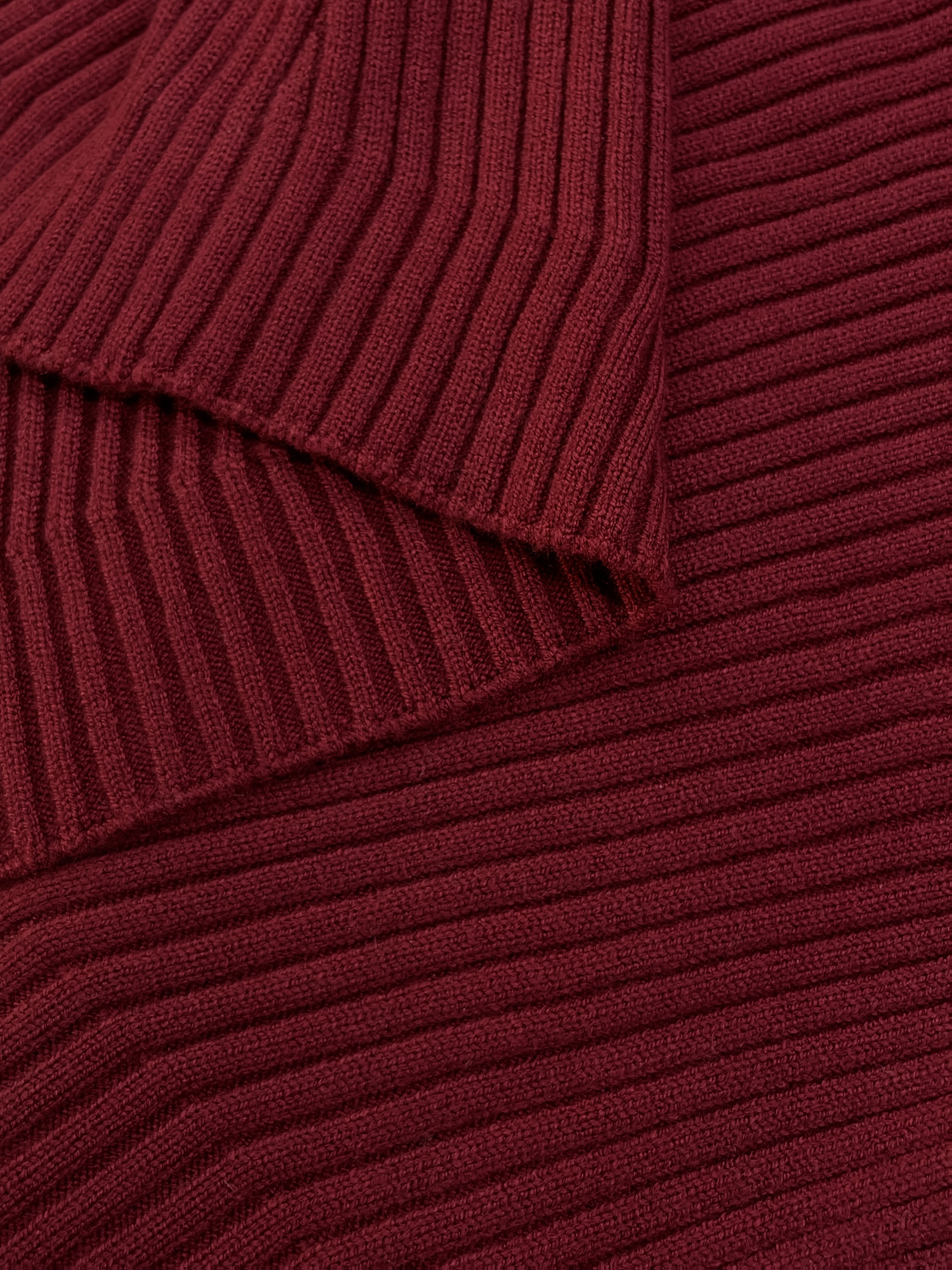 Elegant V-Neck Ribbed Sweater for Women - Long Sleeve Slim Fit Pullover with Cross Hem, Machine Washable All-Season Top, Burgundy Solid Color