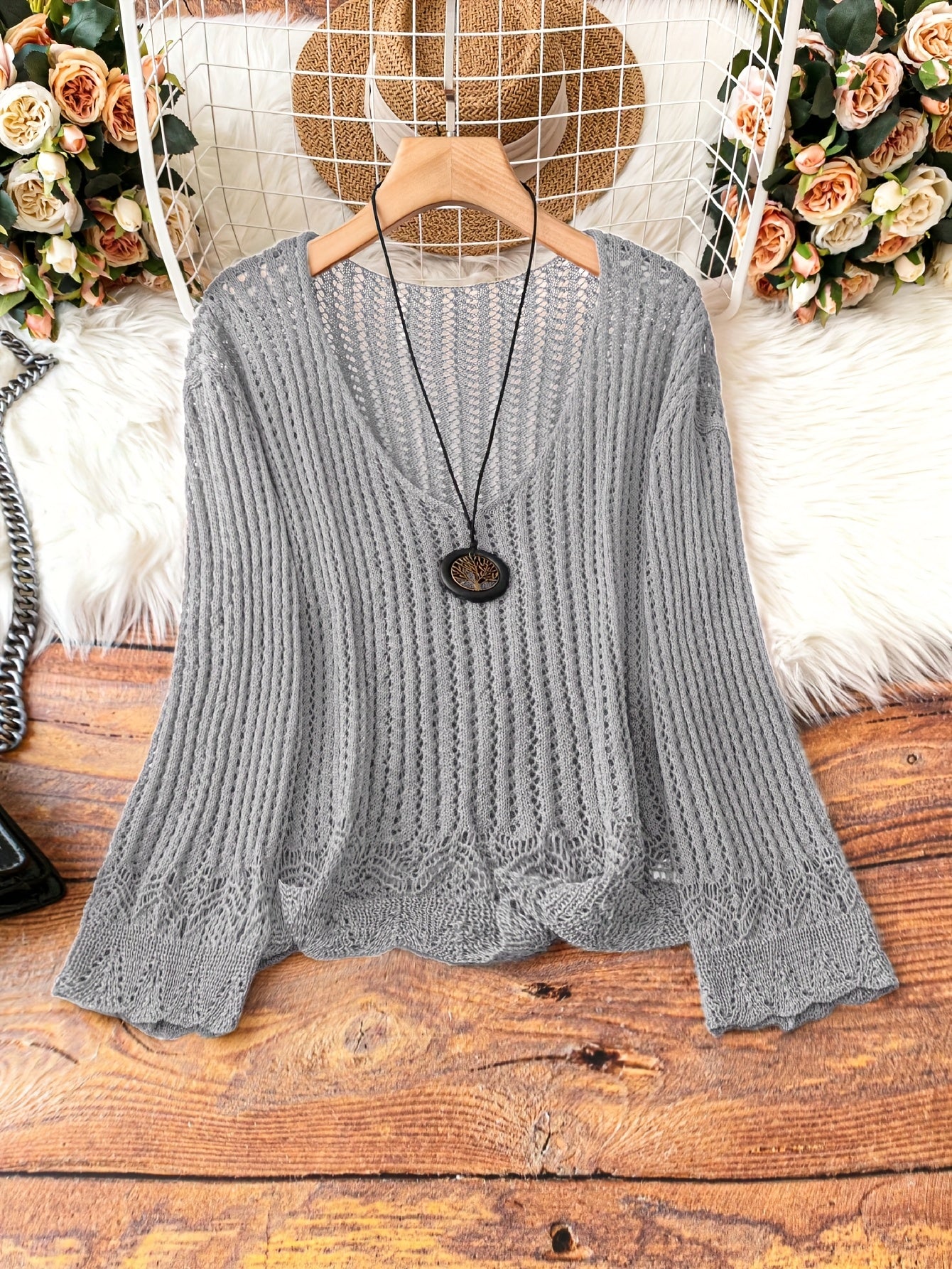 Breathable Openwork Sweater Breathable Openwork Pullover Sweater for Women | Loose Fit Long Sleeve, Deep V-Neck Design, Elegant Casual & Formal Outfits, Spring\u002FSummer Fashion, Stylish Layering Piece