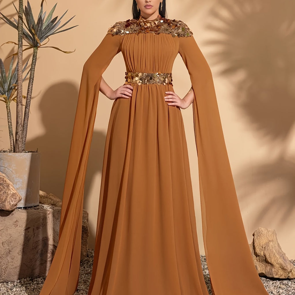 Elegant Sequin Party Dress Elegant Sequin Chiffon Long Sleeve Party Dress | Stand Collar Evening Gown | Sleek Long Sleeve Gown