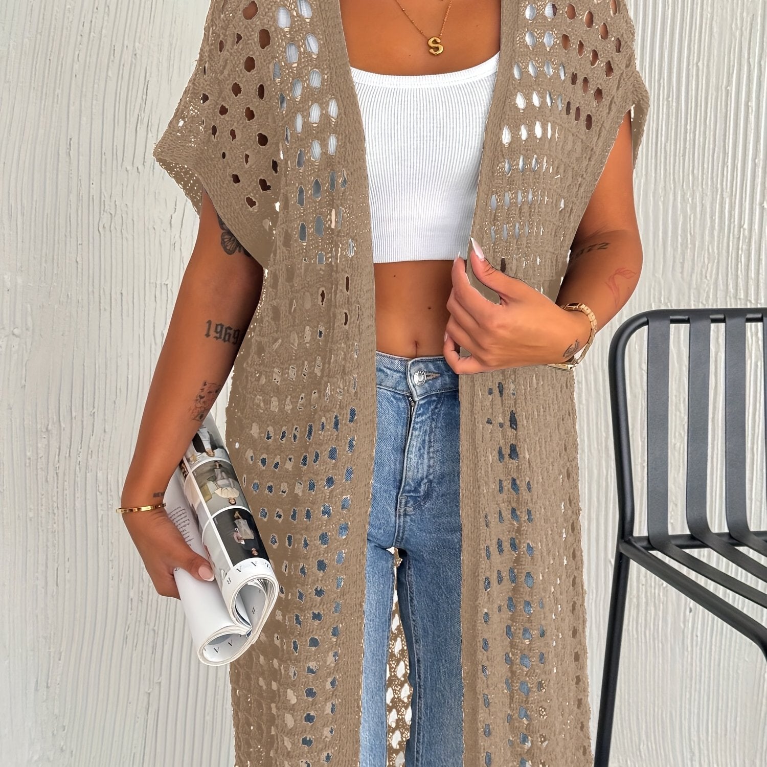 Crochet Lace Vest Sleeveless Long Beach Vest Women's Solid Color Crochet Lace Cardigan (Bikini Not Included)