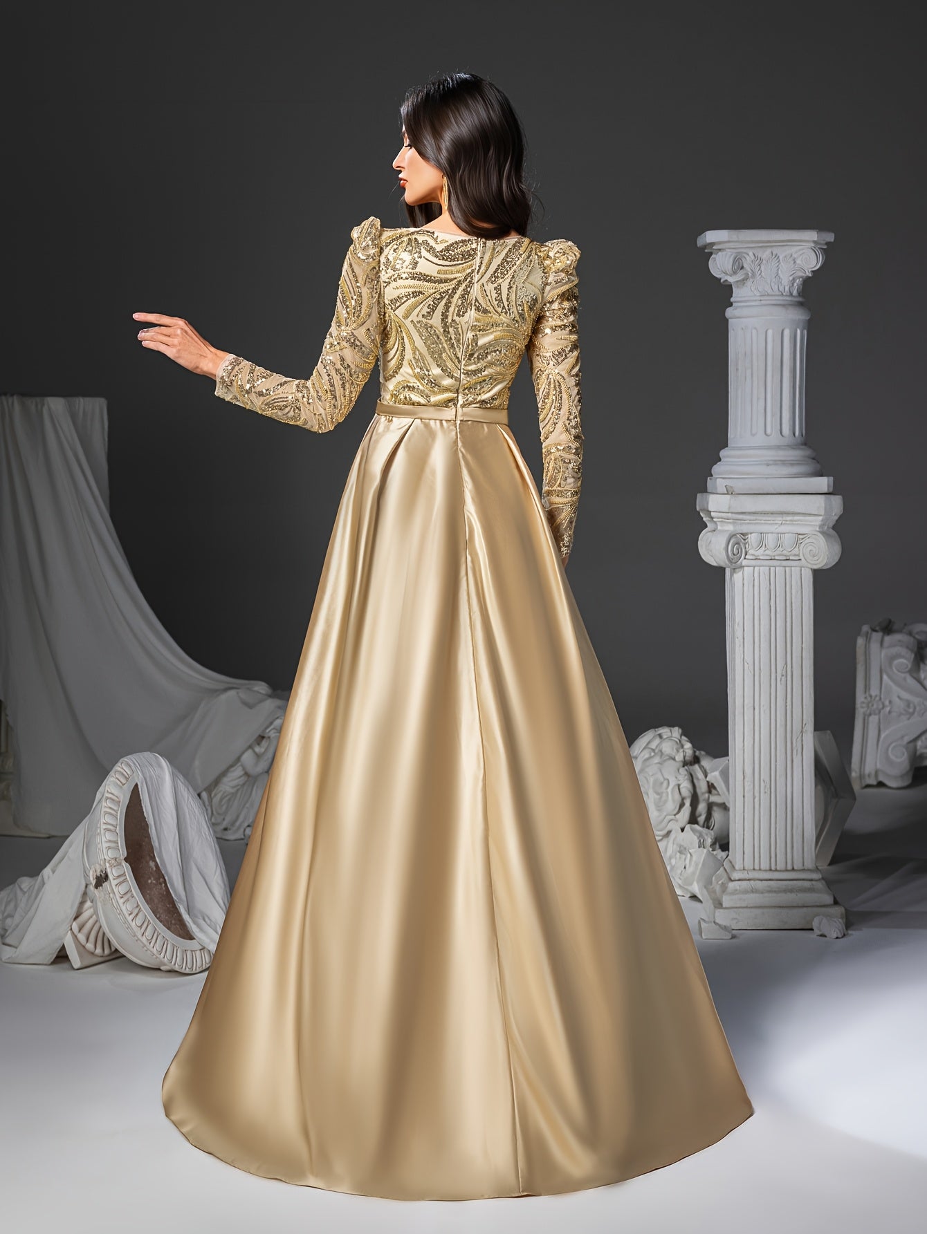 Golden Sequin Mermaid Dress Elegant Women's Golden Sequin Embellished Mermaid Dress | Long Sleeve V-Neck Formal Party Wedding Gown with Flowy Train | Hand Wash Only, Wedding Guest Attire, Sophisticated Fashion, Structured Bodice