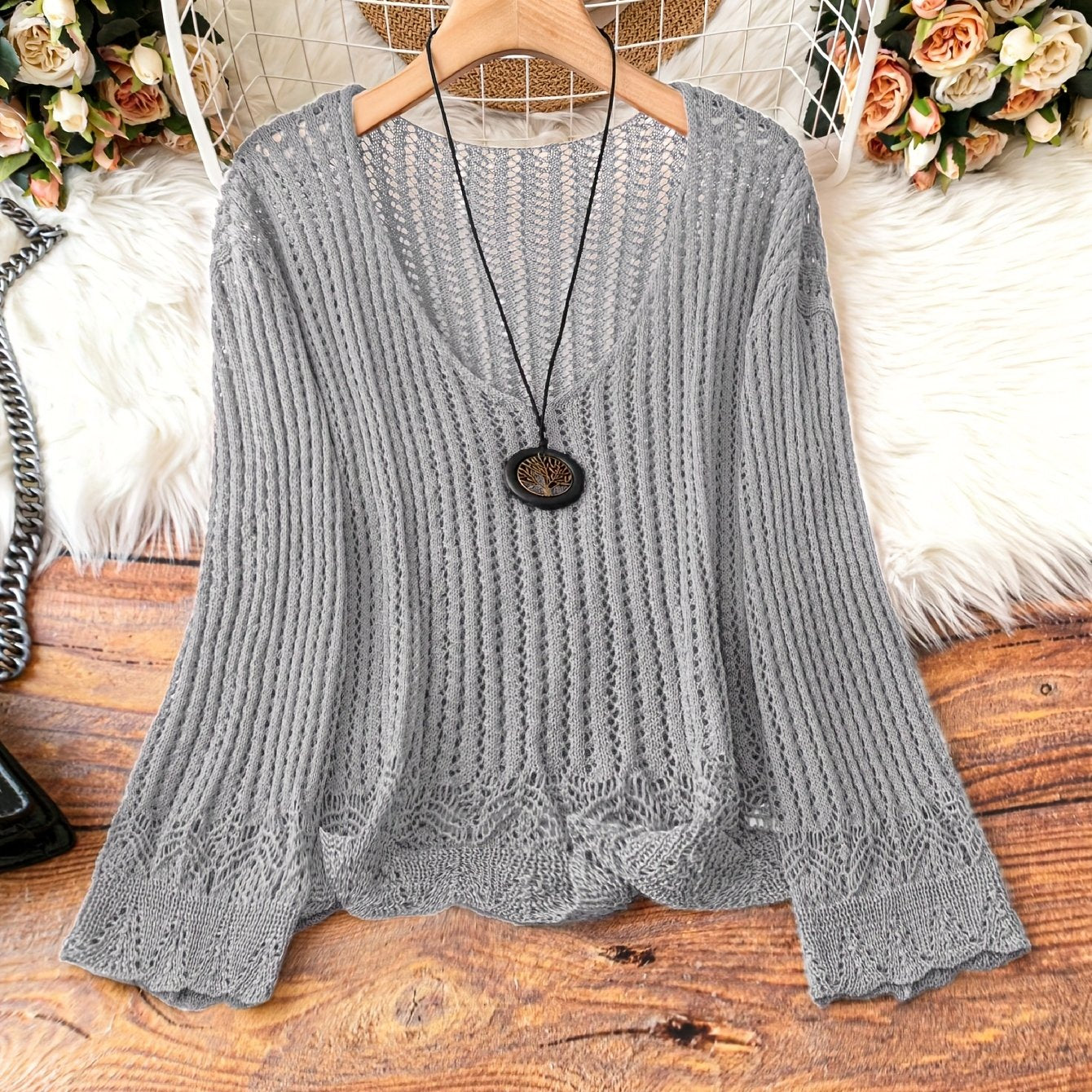 Breathable Openwork Sweater Breathable Openwork Pullover Sweater for Women | Loose Fit Long Sleeve, Deep V-Neck Design, Elegant Casual & Formal Outfits, Spring\u002FSummer Fashion, Stylish Layering Piece