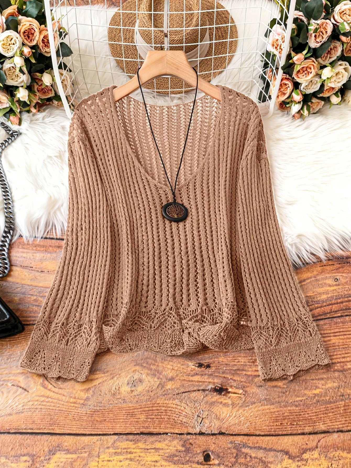Breathable Openwork Sweater Breathable Openwork Pullover Sweater for Women | Loose Fit Long Sleeve, Deep V-Neck Design, Elegant Casual & Formal Outfits, Spring\u002FSummer Fashion, Stylish Layering Piece