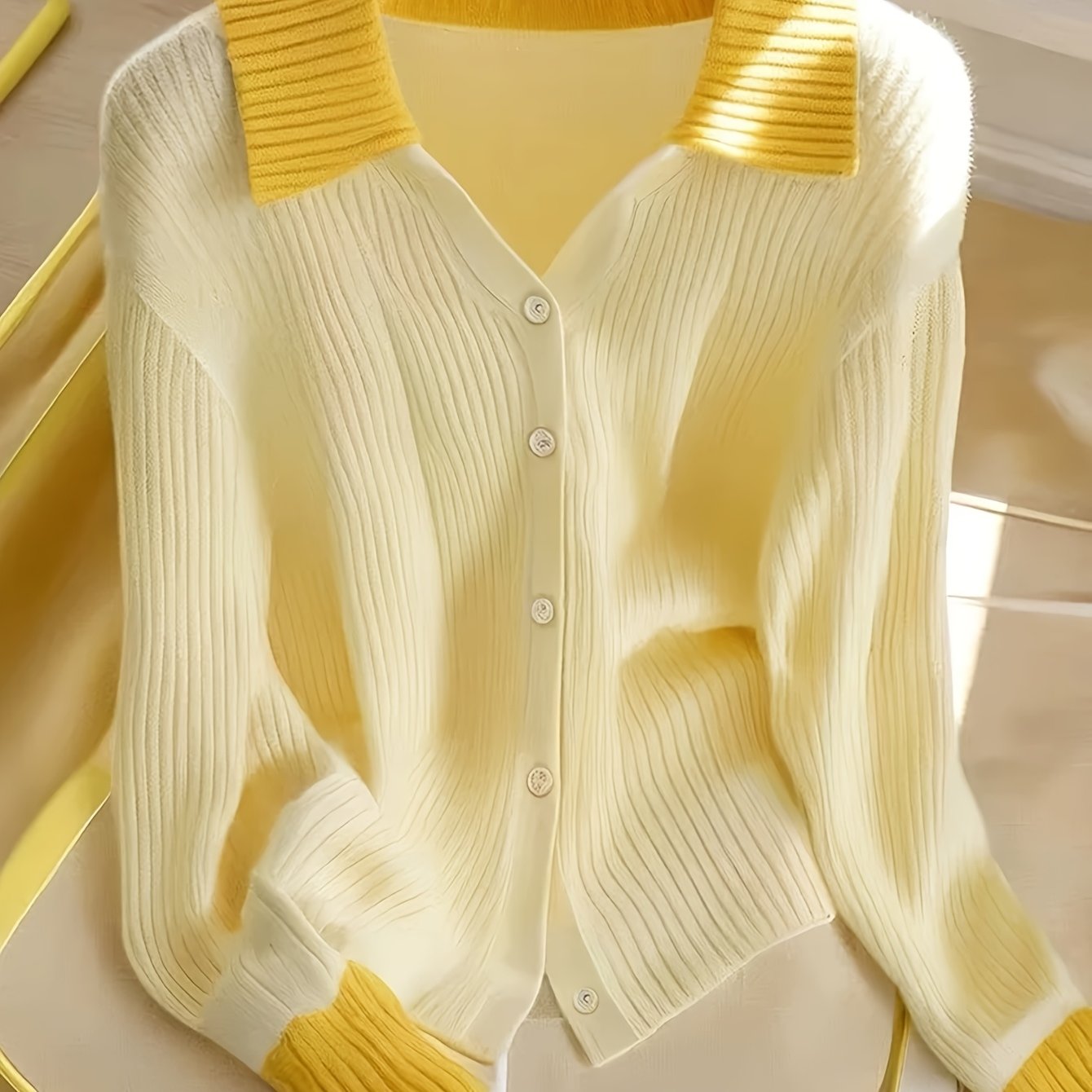 Women'S Yellow Dopamine Cardigan - Casual Chic Open Front Sweater with Button Details, Medium Stretch, Long Sleeves, Perfect for Spring\u002FFall Outfits, Spring Fall Wear | Chic Cardigan | Construction, Sweater Dress