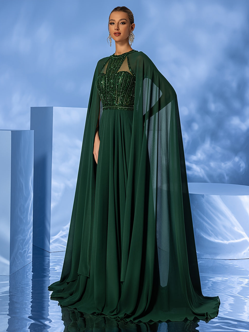 Women's Elegant Formal Evening Gown - Elegant Prom, Wedding, Graduation Party dress with Long Train, Formal event cape gown for Women - Luxury Gala Attire, Highneck Design, Sophisticated Construction, Bridal Wear