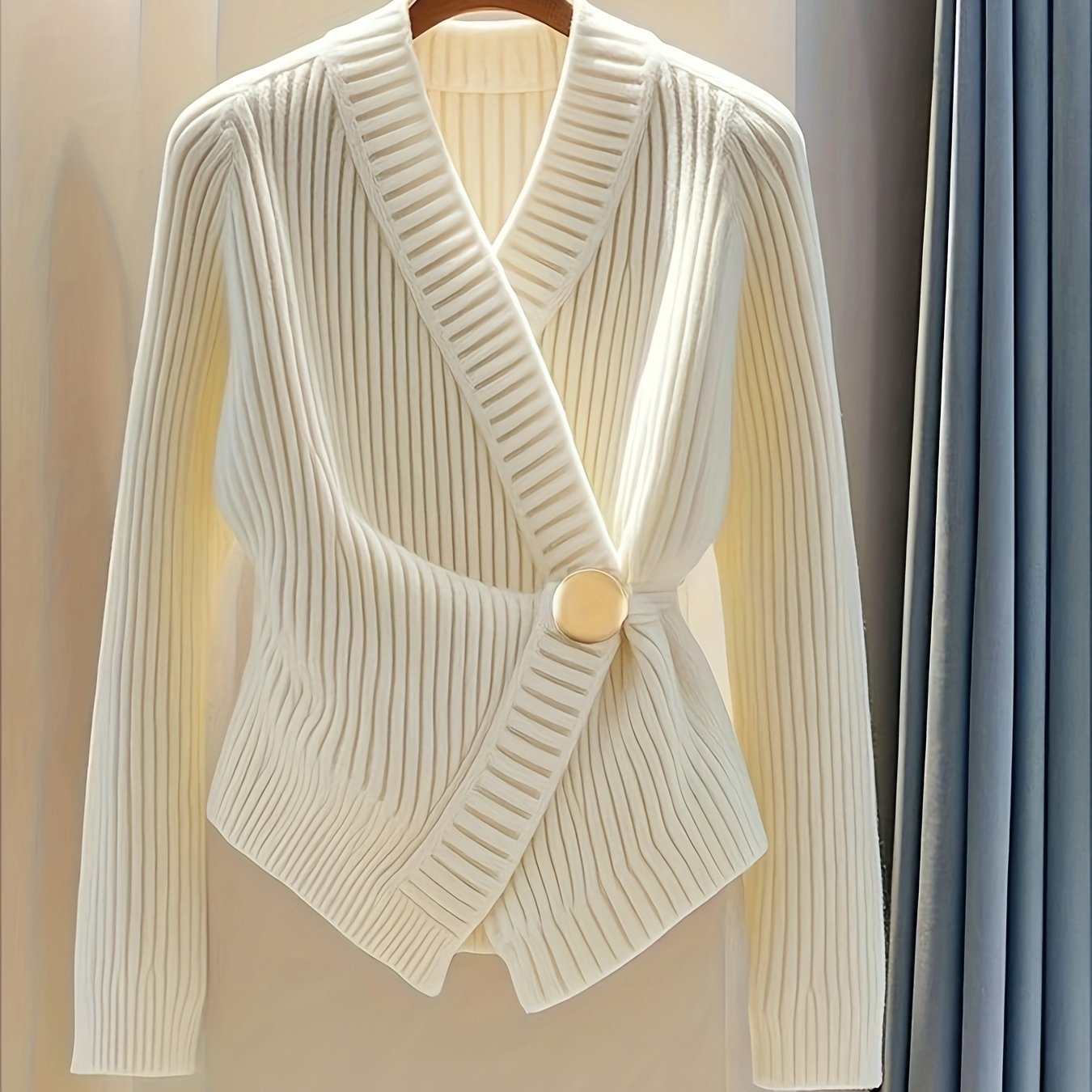 Women's Elegant Asymmetrical V-Neck Cardigan - Slim Fit Long Sleeve Sweater with Waist Accent, Machine Washable All-Season Top for Casual & Formal Wear, Cardigan Sweater, Formal Sweater, Sleek Fabric, Smooth Texture