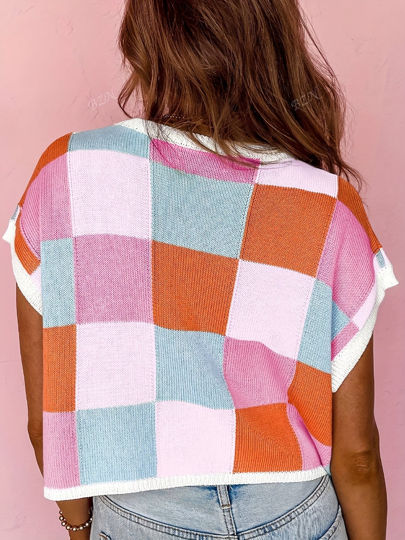 Women'S Colorful Plaid Cropped Top, Acrylic Knit Batwing Sleeve, Casual Round Neck, Short Sleeve, Spring\u002FSummer Fashion, Checkered Color Block Pullover
