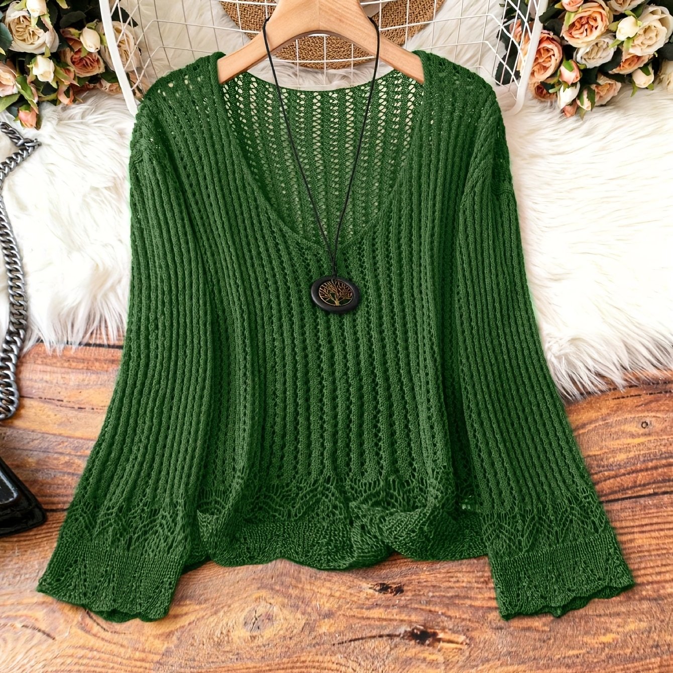 Breathable Openwork Sweater Breathable Openwork Pullover Sweater for Women | Loose Fit Long Sleeve, Deep V-Neck Design, Elegant Casual & Formal Outfits, Spring\u002FSummer Fashion, Stylish Layering Piece