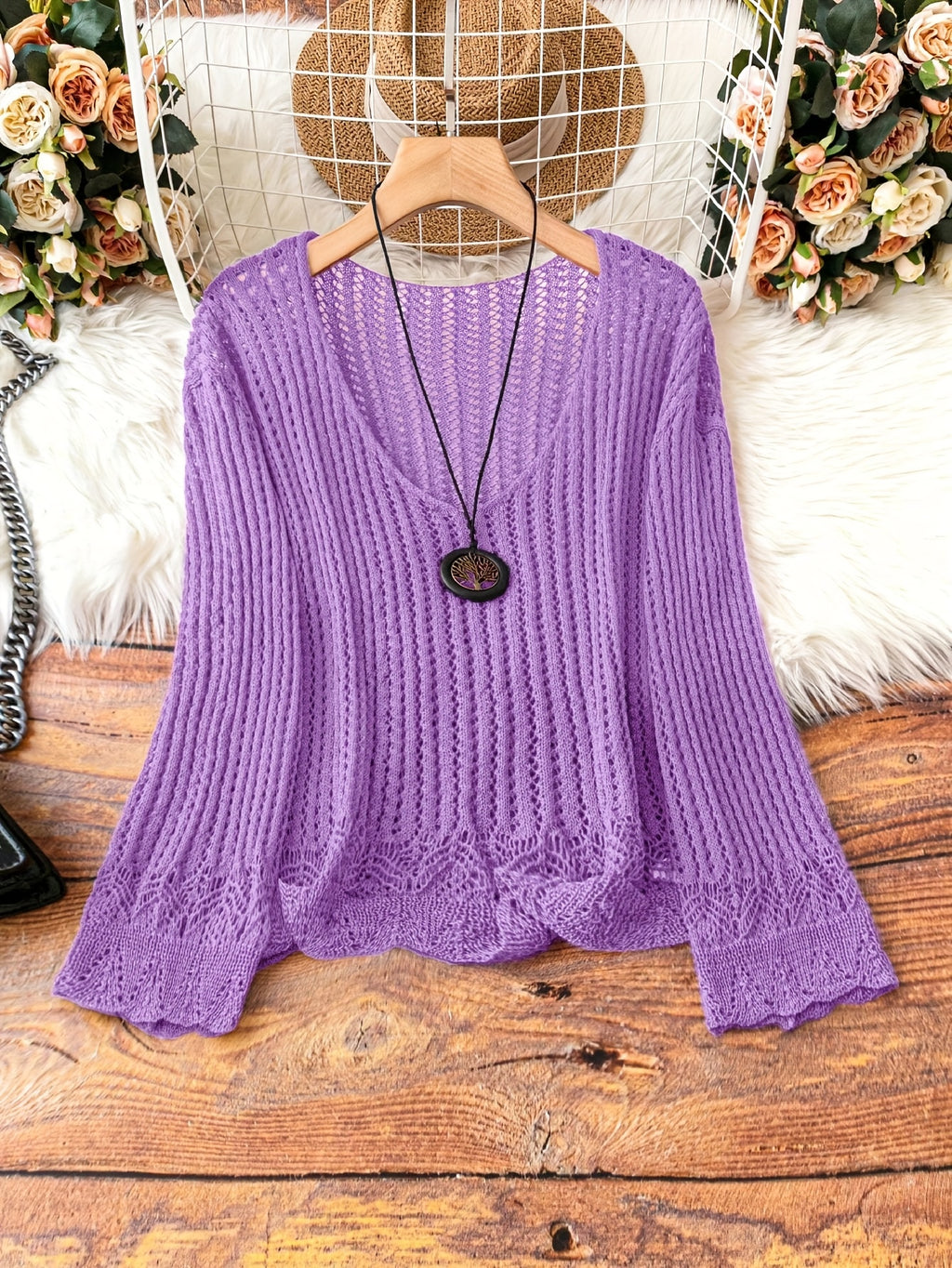 Breathable Openwork Sweater Breathable Openwork Pullover Sweater for Women | Loose Fit Long Sleeve, Deep V-Neck Design, Elegant Casual & Formal Outfits, Spring\u002FSummer Fashion, Stylish Layering Piece