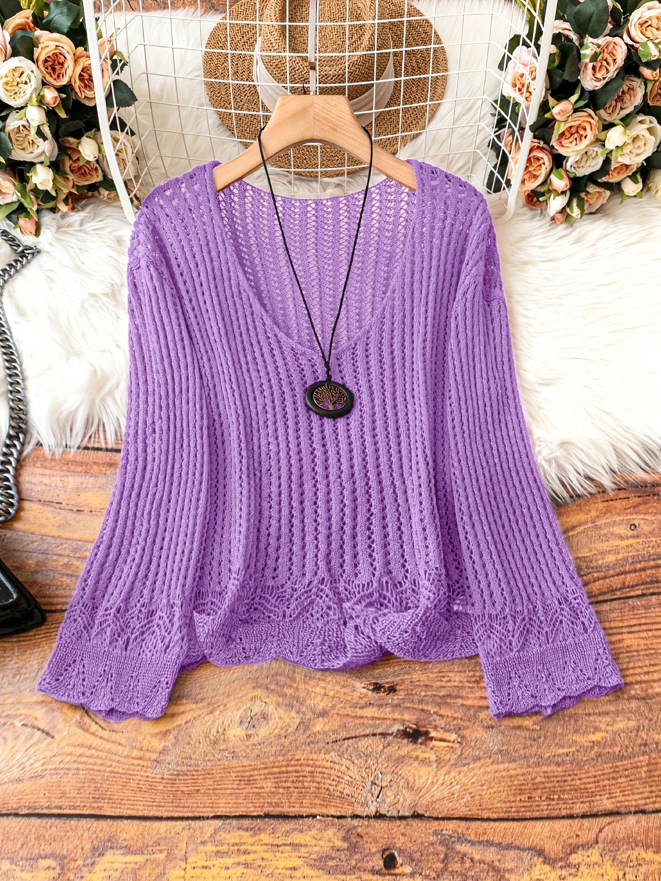 Breathable Openwork Sweater Breathable Openwork Pullover Sweater for Women | Loose Fit Long Sleeve, Deep V-Neck Design, Elegant Casual & Formal Outfits, Spring\u002FSummer Fashion, Stylish Layering Piece
