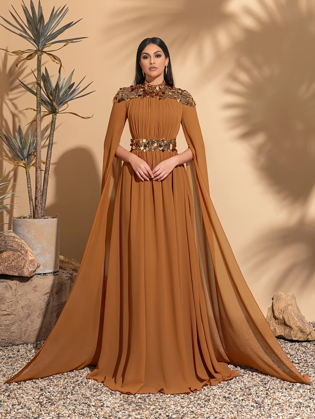 Elegant Sequin Party Dress Elegant Sequin Chiffon Long Sleeve Party Dress | Stand Collar Evening Gown | Sleek Long Sleeve Gown