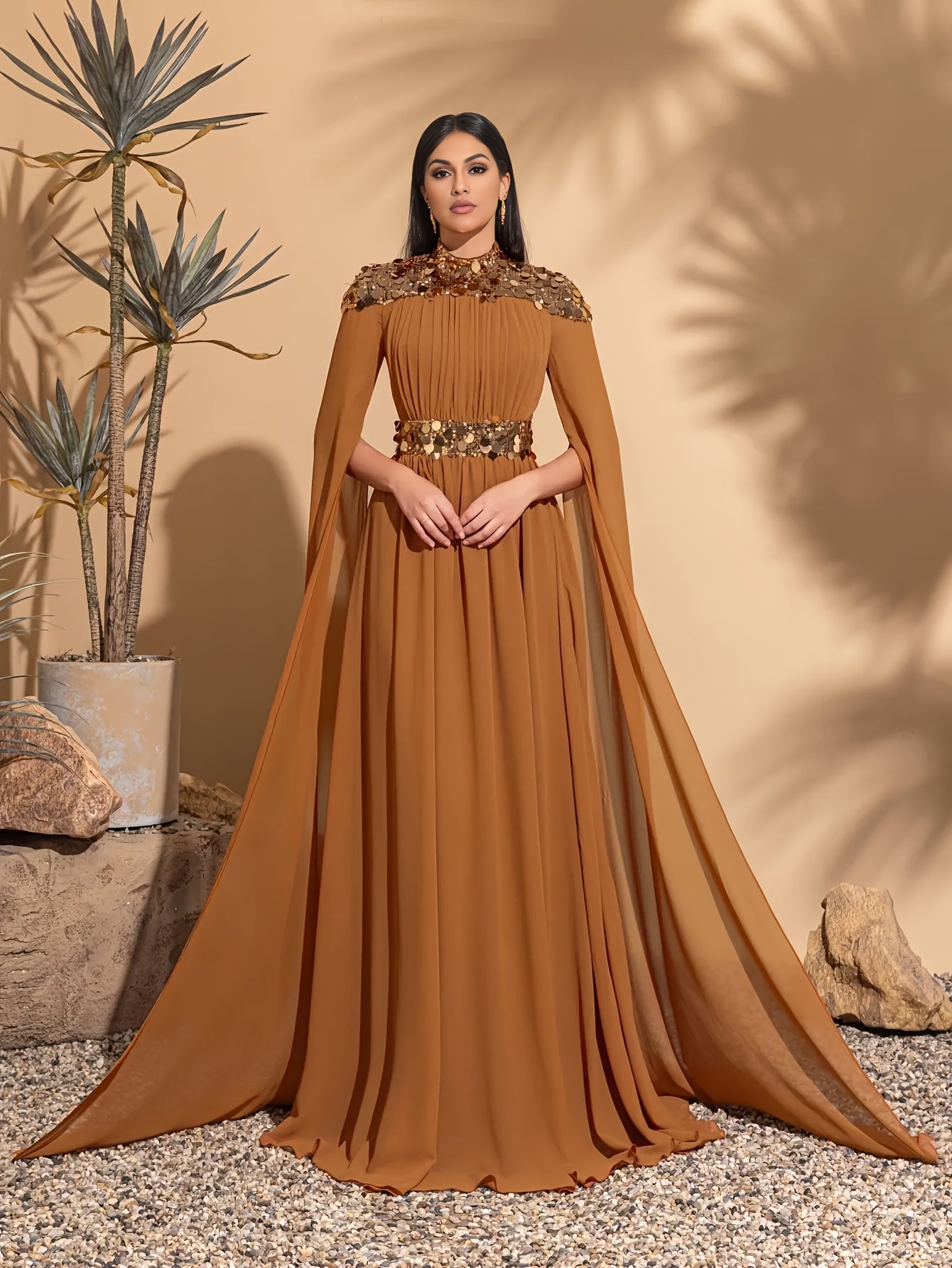 Elegant Sequin Party Dress Elegant Sequin Chiffon Long Sleeve Party Dress | Stand Collar Evening Gown | Sleek Long Sleeve Gown
