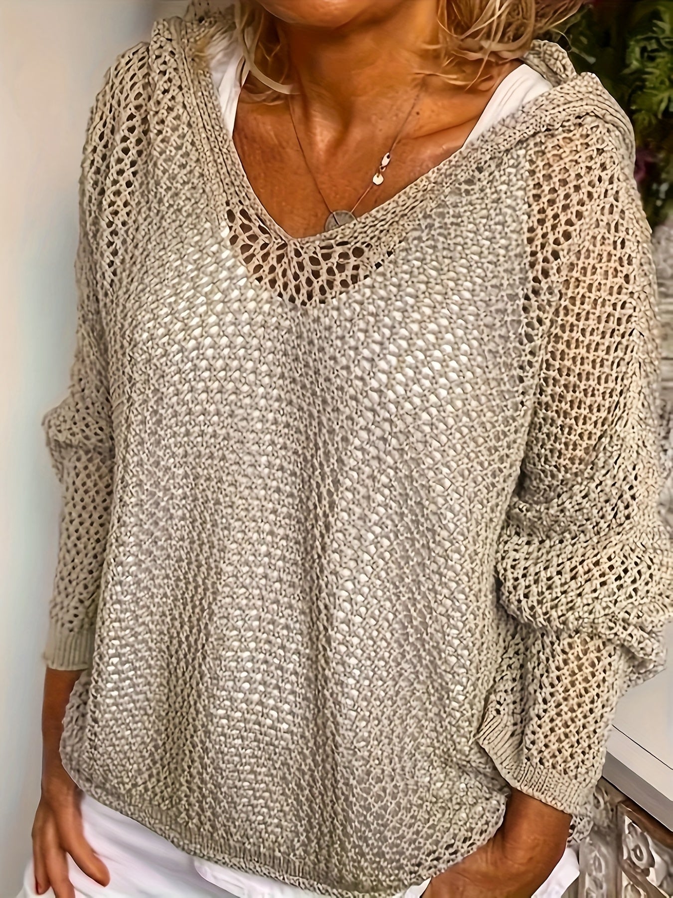Women'S Solid Color Drop Shoulder Long Sleeve Hollow Out Hoodie Sweater