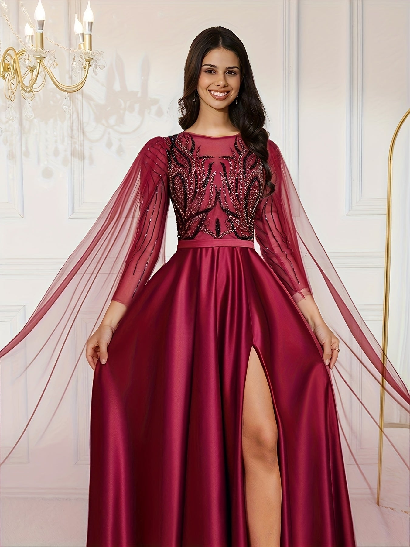 Elegant Women's Sleeveless Sequined & Beaded Formal Dress - Rich Red A-Line Mermaid Evening Gown with Extra-Long Train for Prom, Weddings, Galas & Special Occasions, Mermaid Gifts