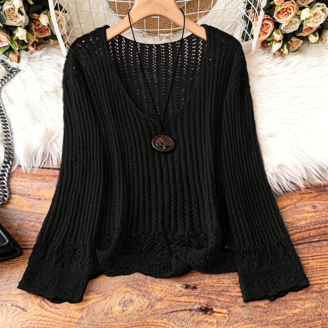Breathable Openwork Sweater Breathable Openwork Pullover Sweater for Women | Loose Fit Long Sleeve, Deep V-Neck Design, Elegant Casual & Formal Outfits, Spring\u002FSummer Fashion, Stylish Layering Piece