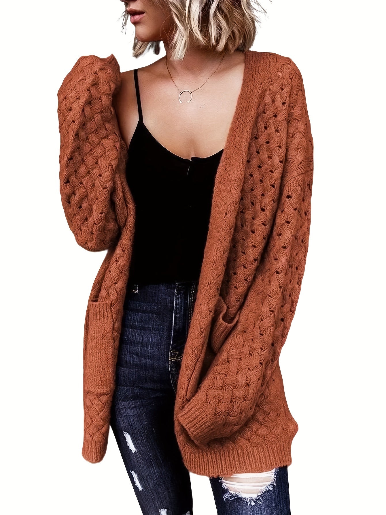 Women's Casual Longline Cardigan with Cross-Over Front Design - Open Front Button-Up Machine-Washable Sweater for Fall\u002FWinter Layering, Solid Color, Cardigan, Cozy Fall Apparel, Textured Knitwear