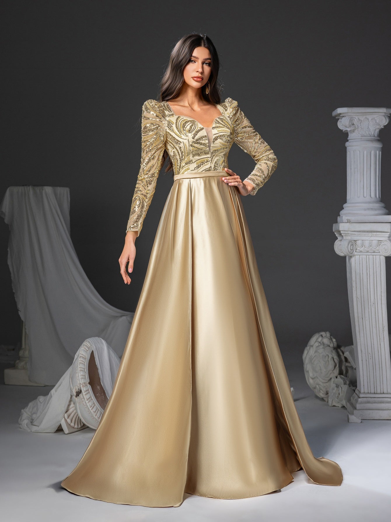 Golden Sequin Mermaid Dress Elegant Women's Golden Sequin Embellished Mermaid Dress | Long Sleeve V-Neck Formal Party Wedding Gown with Flowy Train | Hand Wash Only, Wedding Guest Attire, Sophisticated Fashion, Structured Bodice