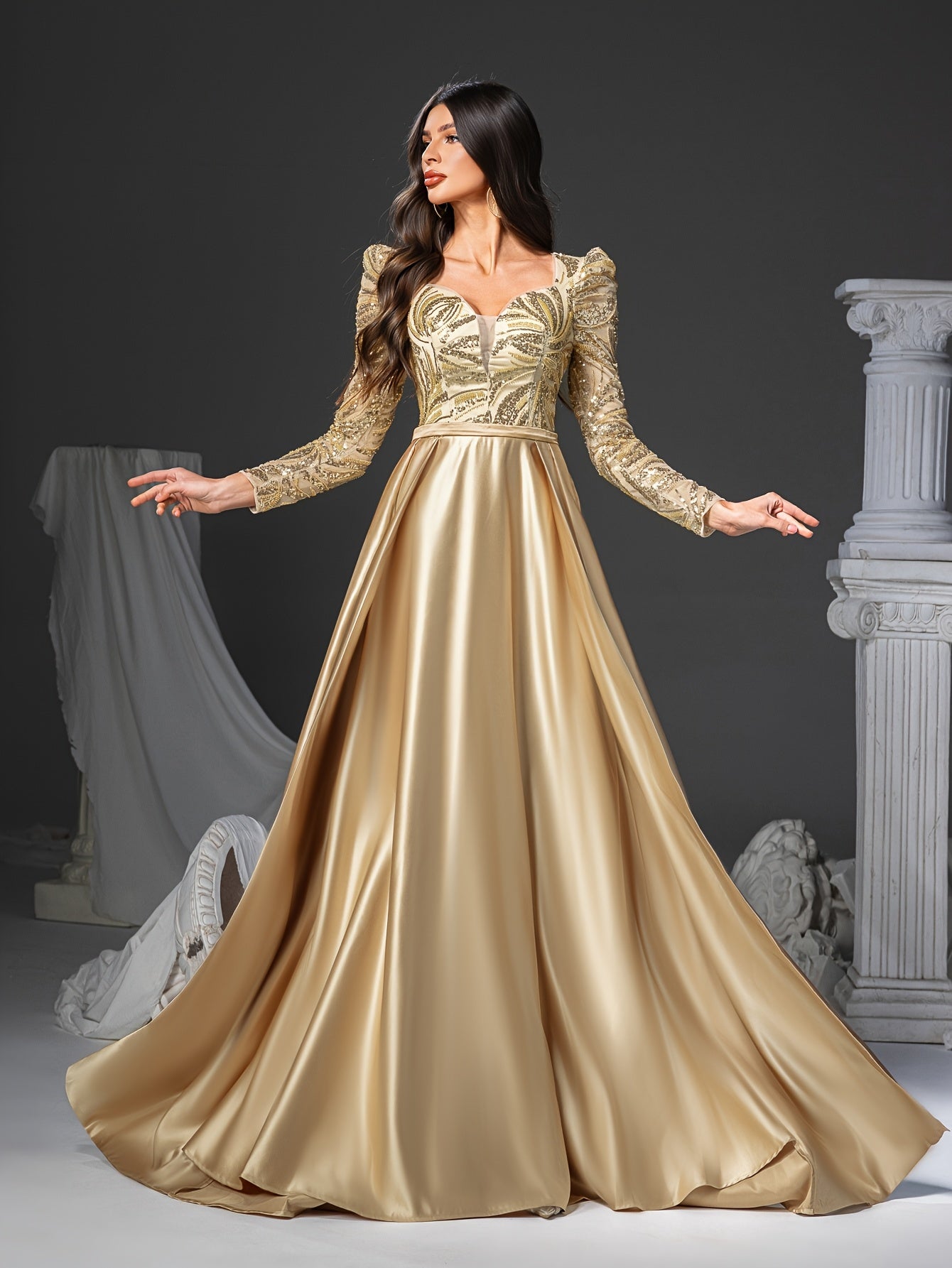 Golden Sequin Mermaid Dress Elegant Women's Golden Sequin Embellished Mermaid Dress | Long Sleeve V-Neck Formal Party Wedding Gown with Flowy Train | Hand Wash Only, Wedding Guest Attire, Sophisticated Fashion, Structured Bodice