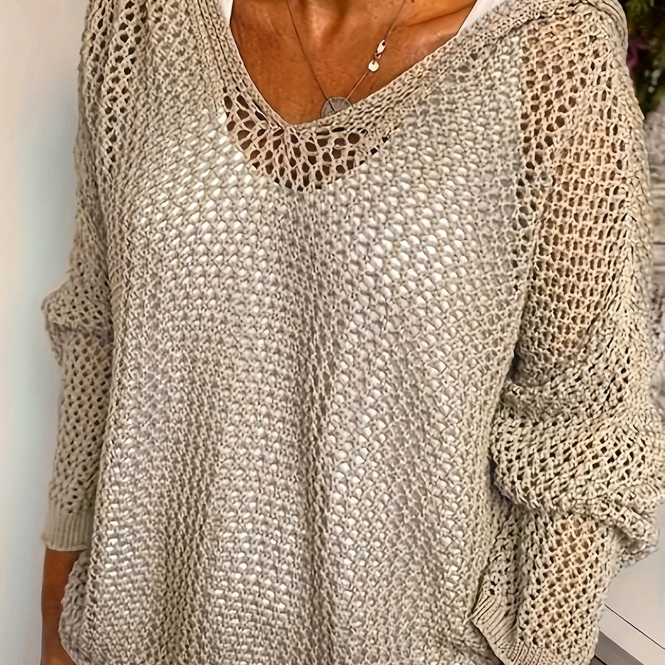 Women'S Solid Color Drop Shoulder Long Sleeve Hollow Out Hoodie Sweater