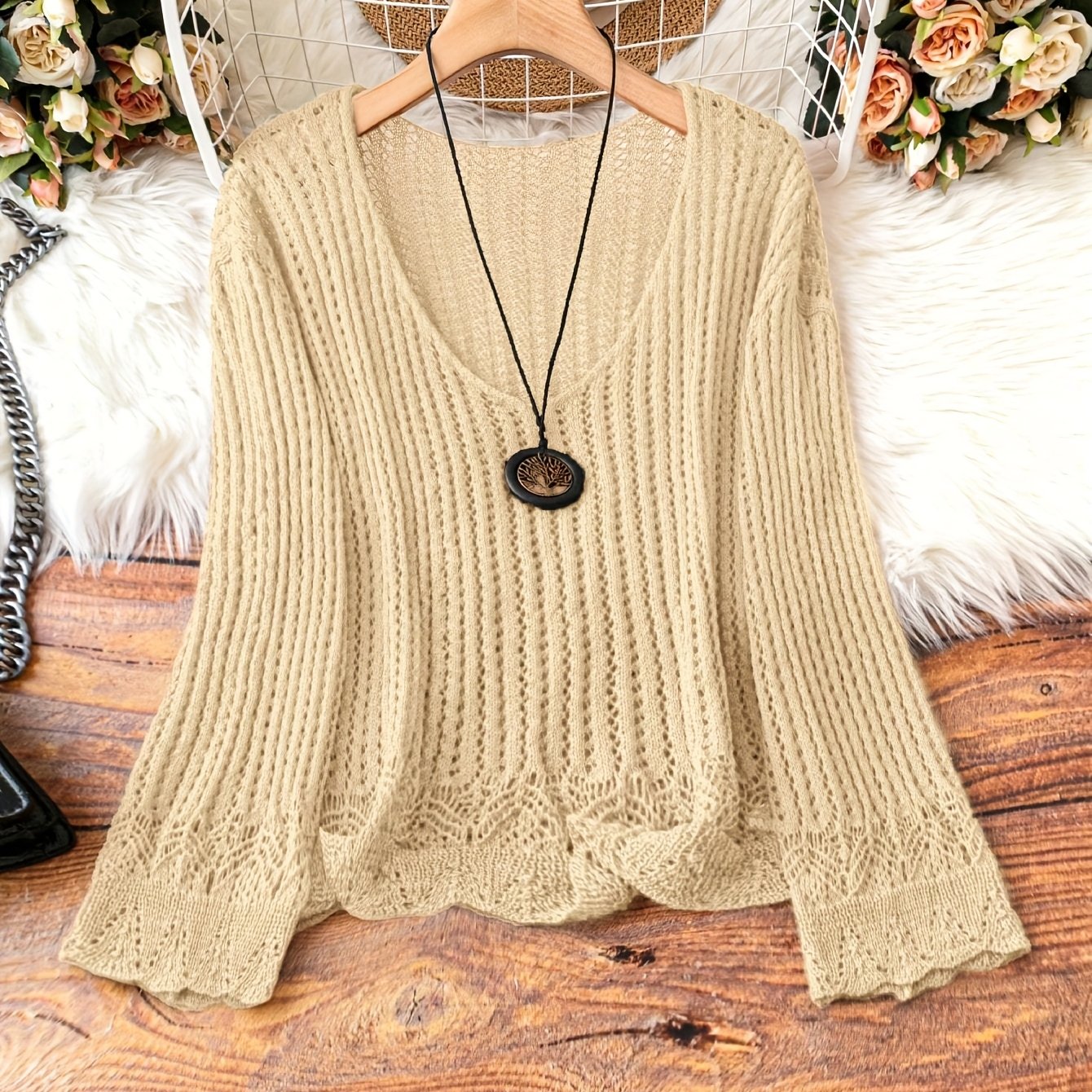 Breathable Openwork Sweater Breathable Openwork Pullover Sweater for Women | Loose Fit Long Sleeve, Deep V-Neck Design, Elegant Casual & Formal Outfits, Spring\u002FSummer Fashion, Stylish Layering Piece