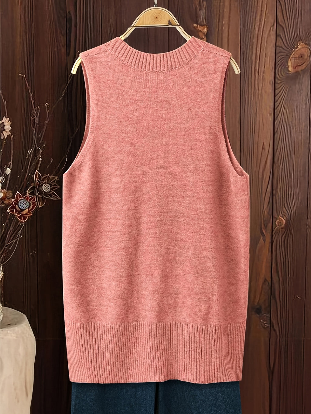 Women's V-Neck Sleeveless Vest - Casual Loose Fit with Side Slit, Ribbed Detailing & Medium Stretch, Machine Washable All-Season Comfort for Casual Attire, Relaxed Styling, Longline Silhouette, Comfortable Material, Layering Piece, Styleconscious Women