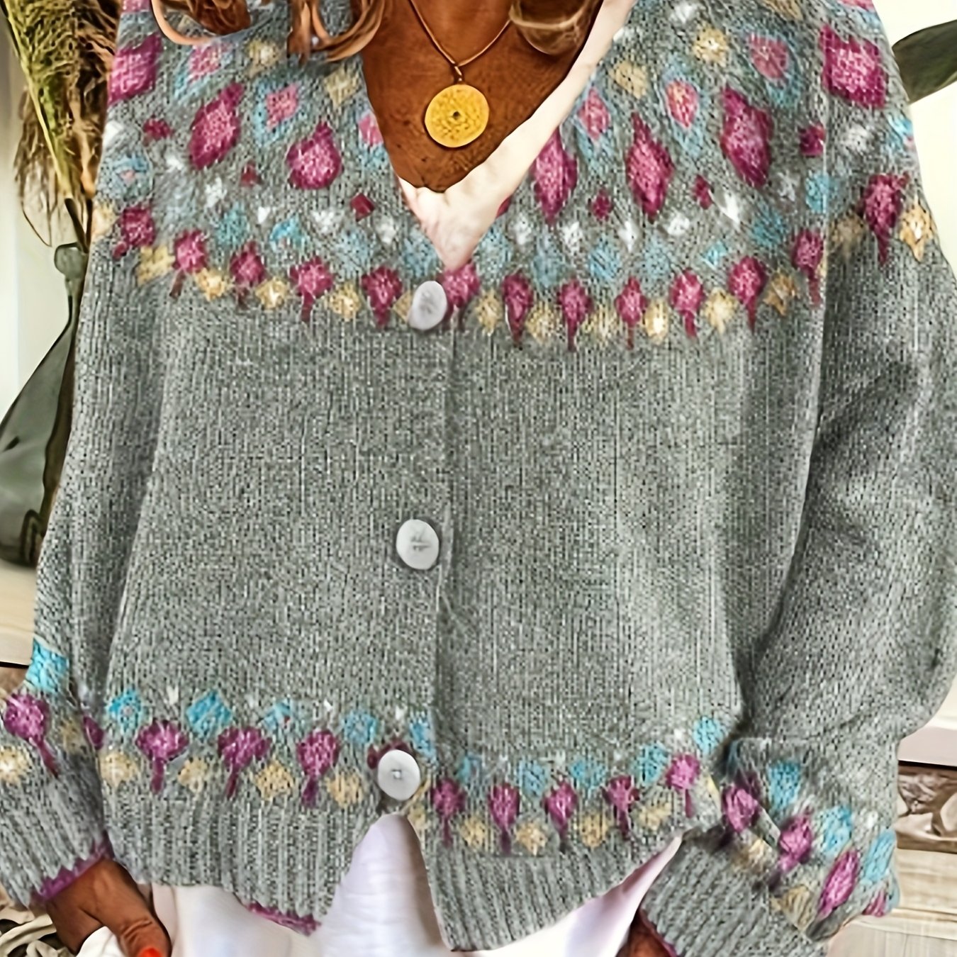 Stylish Green & Multicolor Geometric Pattern Knit Cardigan - Casual V-Neck, Polyester, Ideal for Fall\u002FWinter, Ladies Cardigans