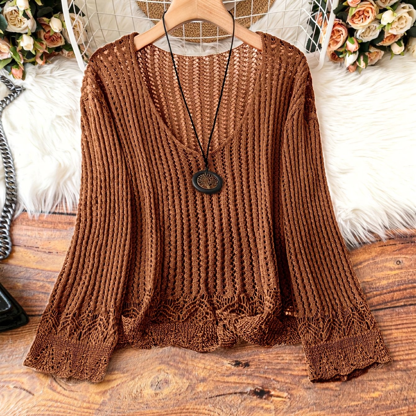 Breathable Openwork Sweater Breathable Openwork Pullover Sweater for Women | Loose Fit Long Sleeve, Deep V-Neck Design, Elegant Casual & Formal Outfits, Spring\u002FSummer Fashion, Stylish Layering Piece