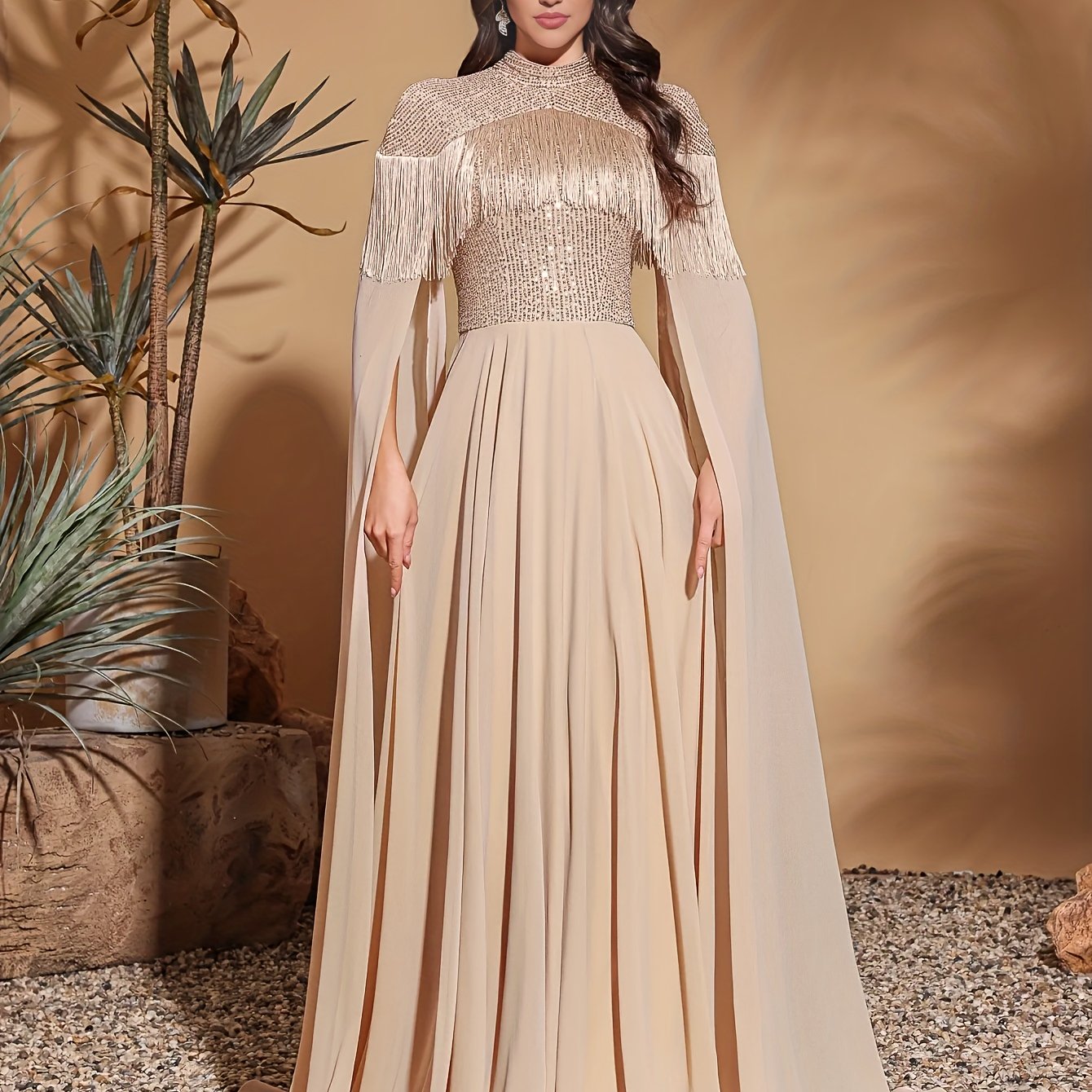 Elegant Chiffon Long Gown with Sequin Detail, Floor-Length Sleeves, and Tassel Detail - Beige, Polyester, Adult, Formal Event, Party Dres