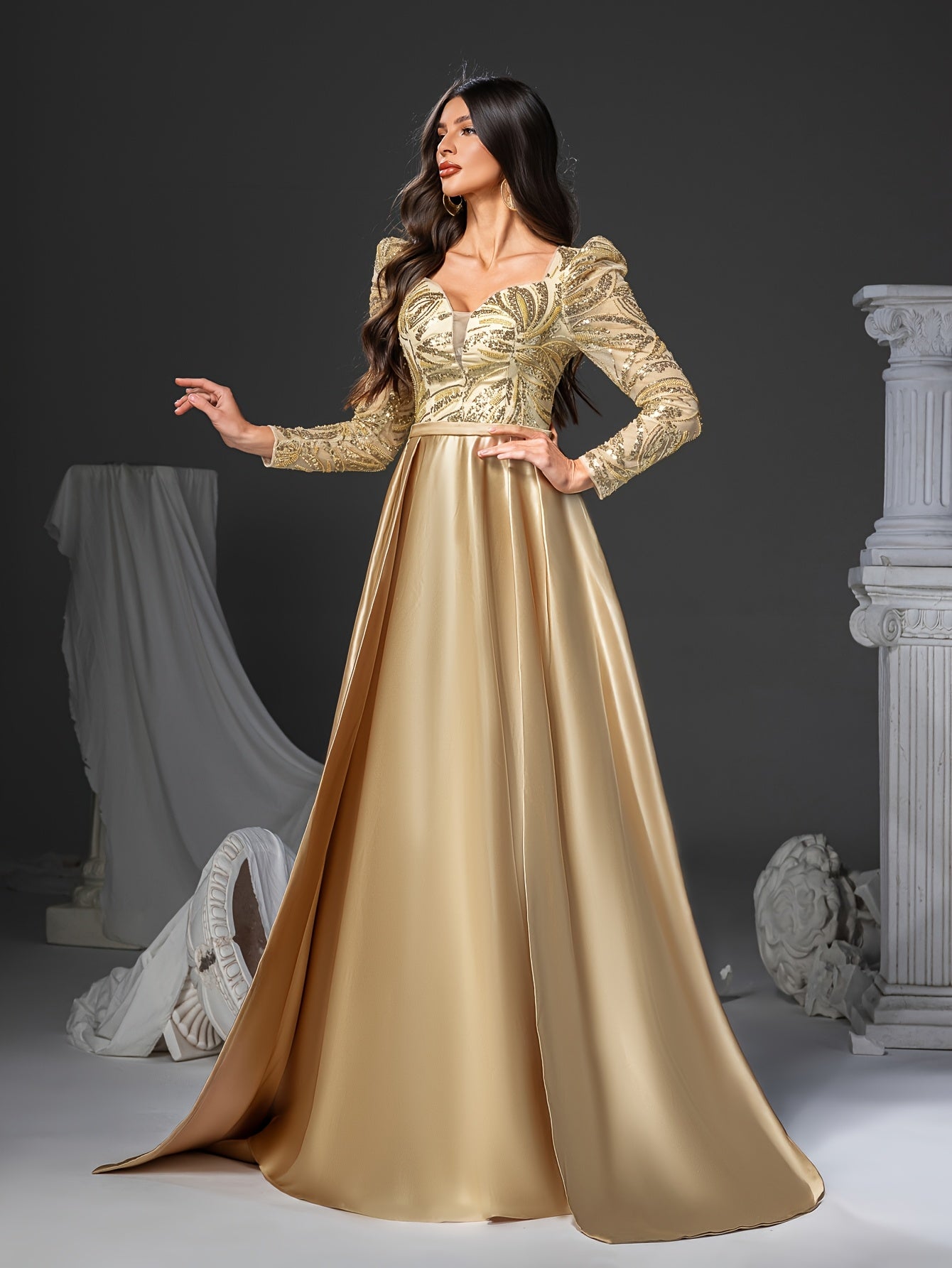 Golden Sequin Mermaid Dress Elegant Women's Golden Sequin Embellished Mermaid Dress | Long Sleeve V-Neck Formal Party Wedding Gown with Flowy Train | Hand Wash Only, Wedding Guest Attire, Sophisticated Fashion, Structured Bodice