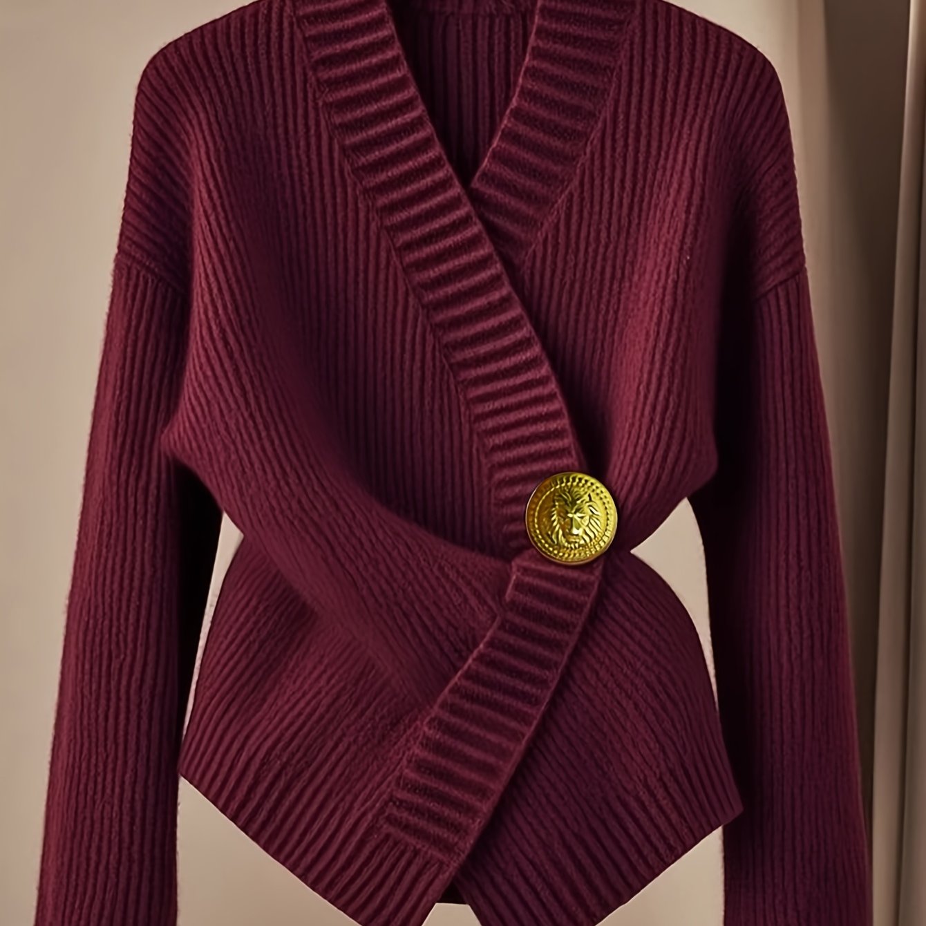 Elegant V-Neck Ribbed Sweater for Women - Long Sleeve Slim Fit Pullover with Cross Hem, Machine Washable All-Season Top, Burgundy Solid Color