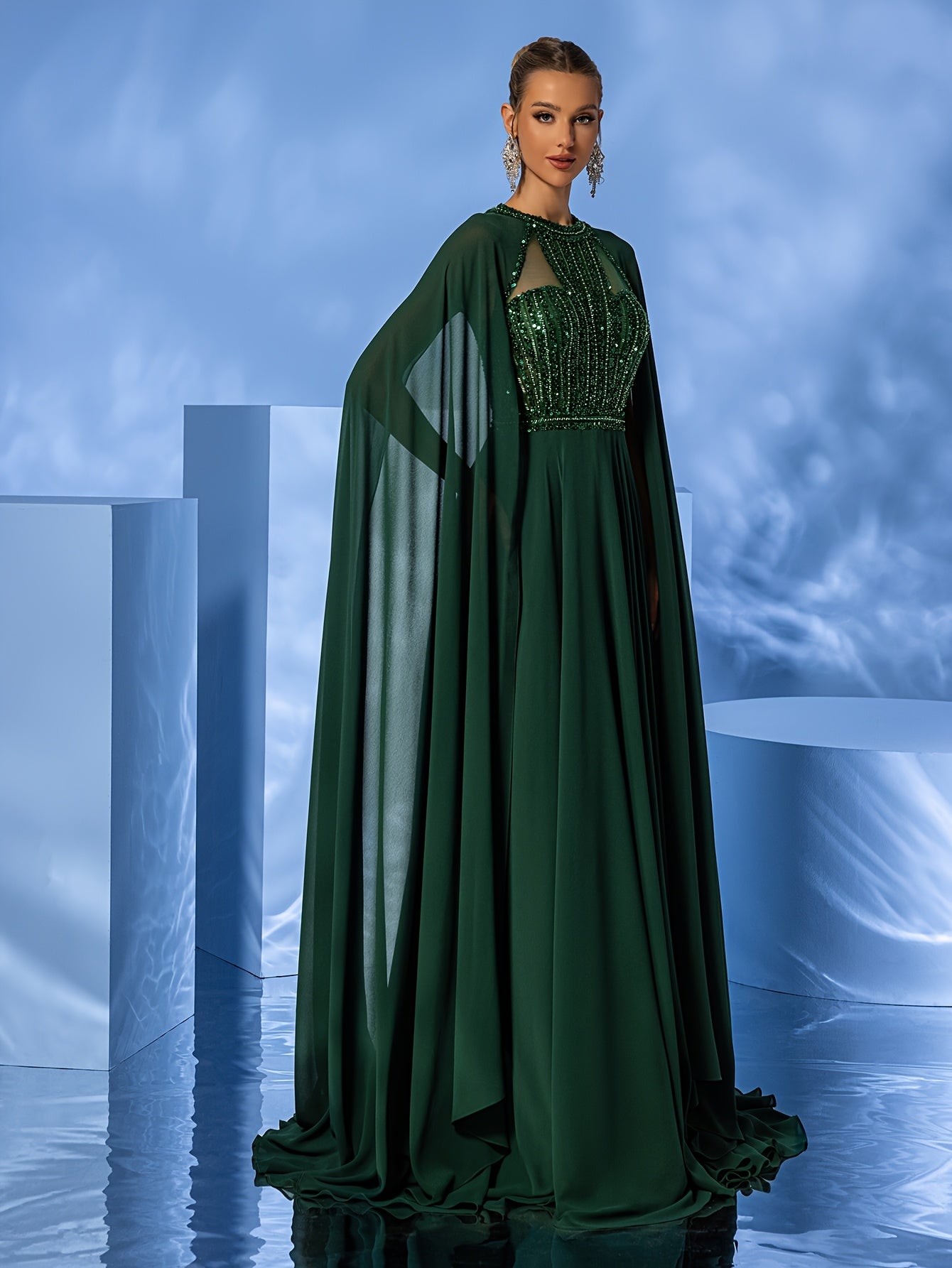 Women's Elegant Formal Evening Gown - Elegant Prom, Wedding, Graduation Party dress with Long Train, Formal event cape gown for Women - Luxury Gala Attire, Highneck Design, Sophisticated Construction, Bridal Wear