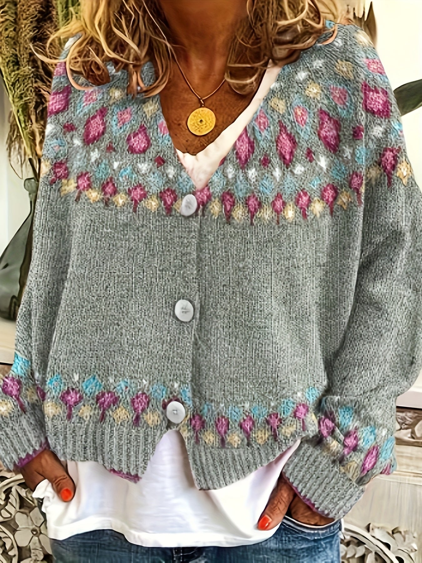 Stylish Green & Multicolor Geometric Pattern Knit Cardigan - Casual V-Neck, Polyester, Ideal for Fall\u002FWinter, Ladies Cardigans