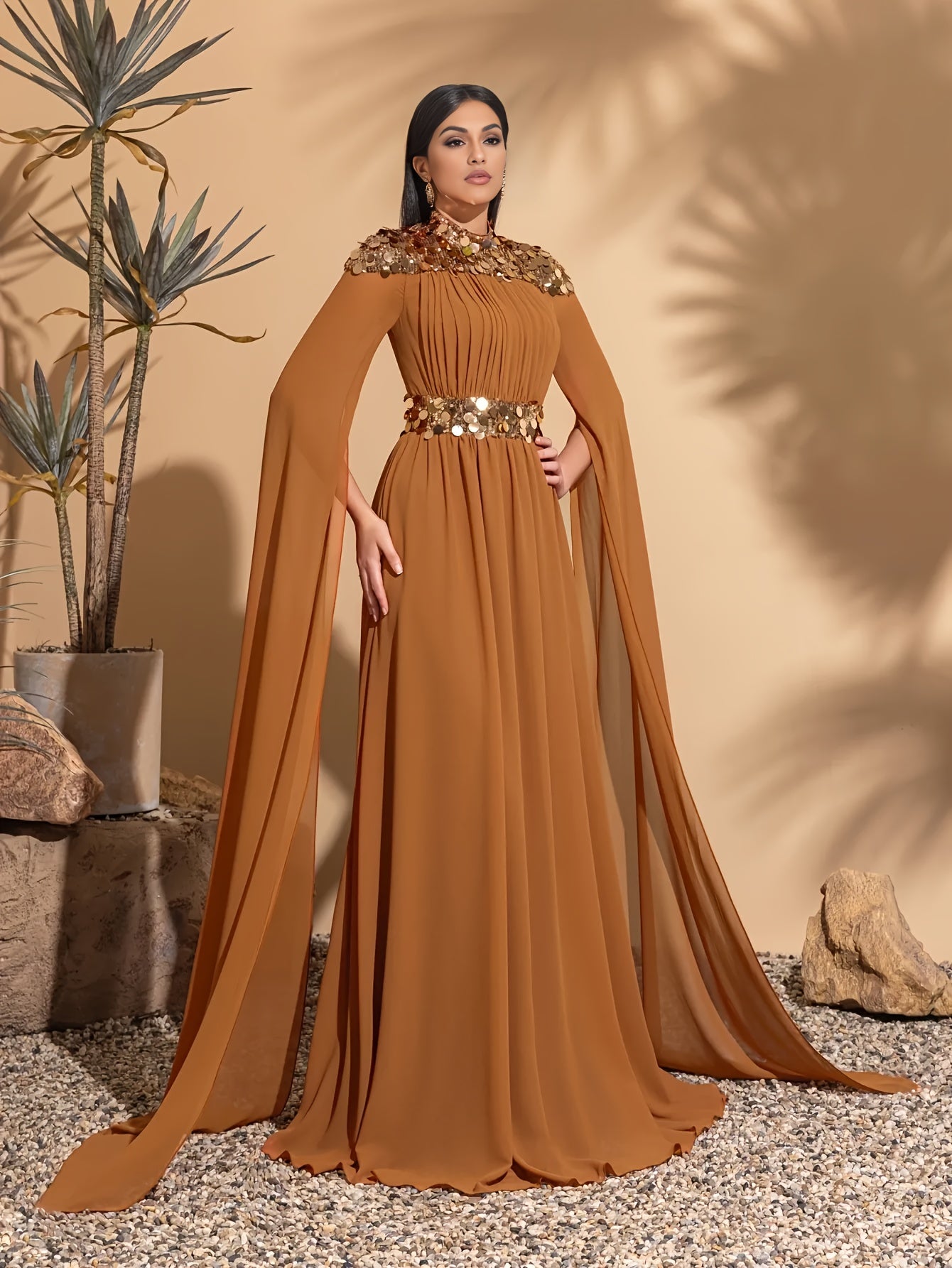 Elegant Sequin Party Dress Elegant Sequin Chiffon Long Sleeve Party Dress | Stand Collar Evening Gown | Sleek Long Sleeve Gown