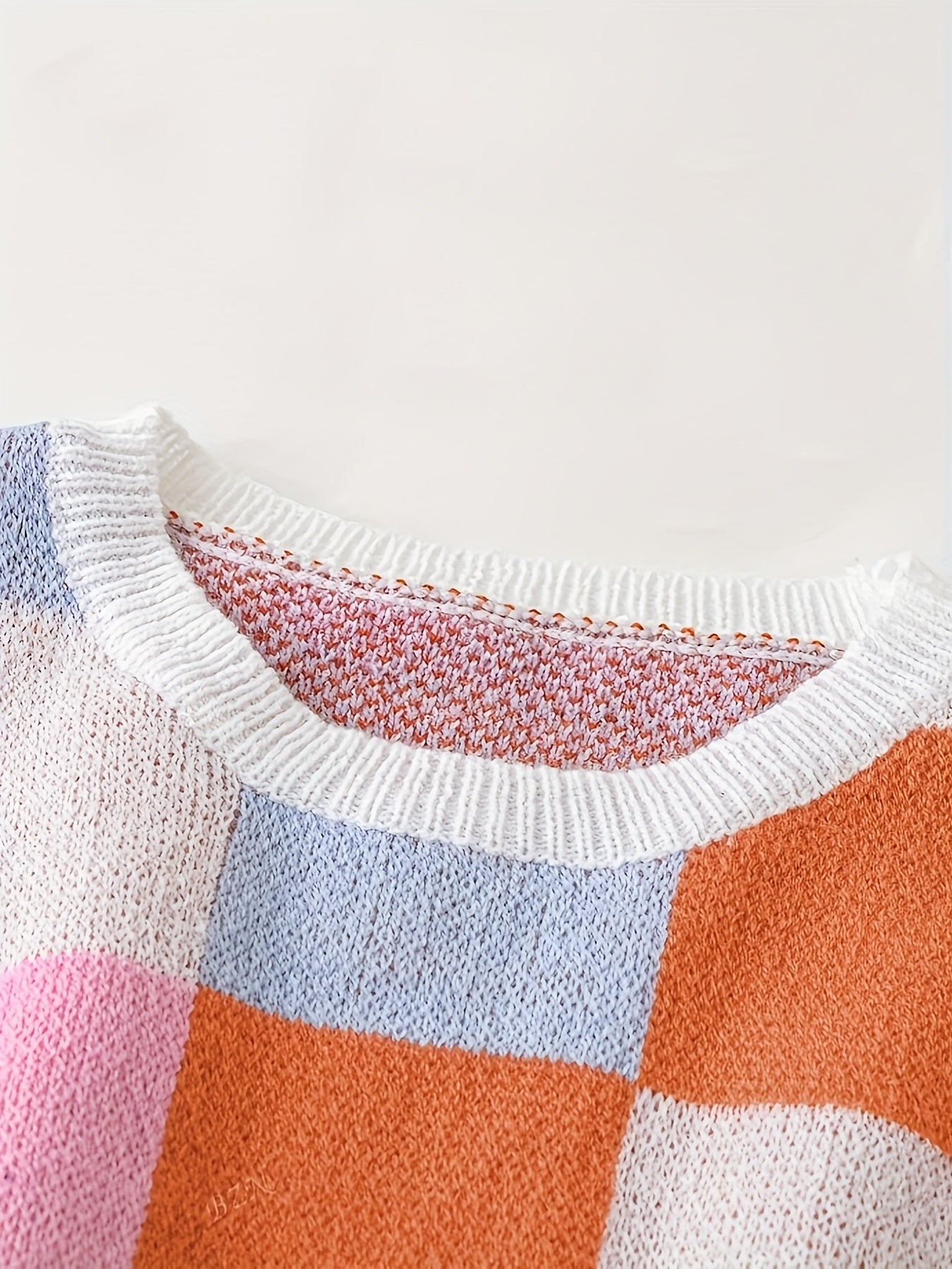Women'S Colorful Plaid Cropped Top, Acrylic Knit Batwing Sleeve, Casual Round Neck, Short Sleeve, Spring\u002FSummer Fashion, Checkered Color Block Pullover