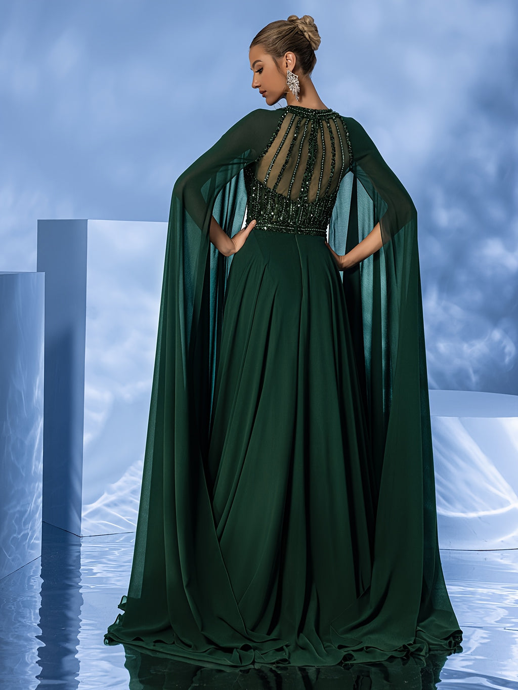 Women's Elegant Formal Evening Gown - Elegant Prom, Wedding, Graduation Party dress with Long Train, Formal event cape gown for Women - Luxury Gala Attire, Highneck Design, Sophisticated Construction, Bridal Wear