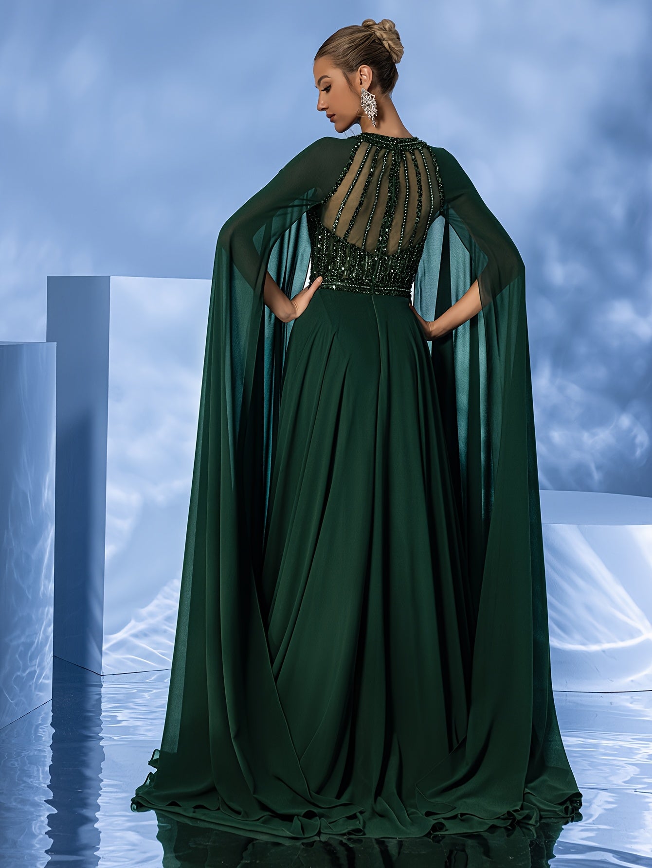 Women's Elegant Formal Evening Gown - Elegant Prom, Wedding, Graduation Party dress with Long Train, Formal event cape gown for Women - Luxury Gala Attire, Highneck Design, Sophisticated Construction, Bridal Wear