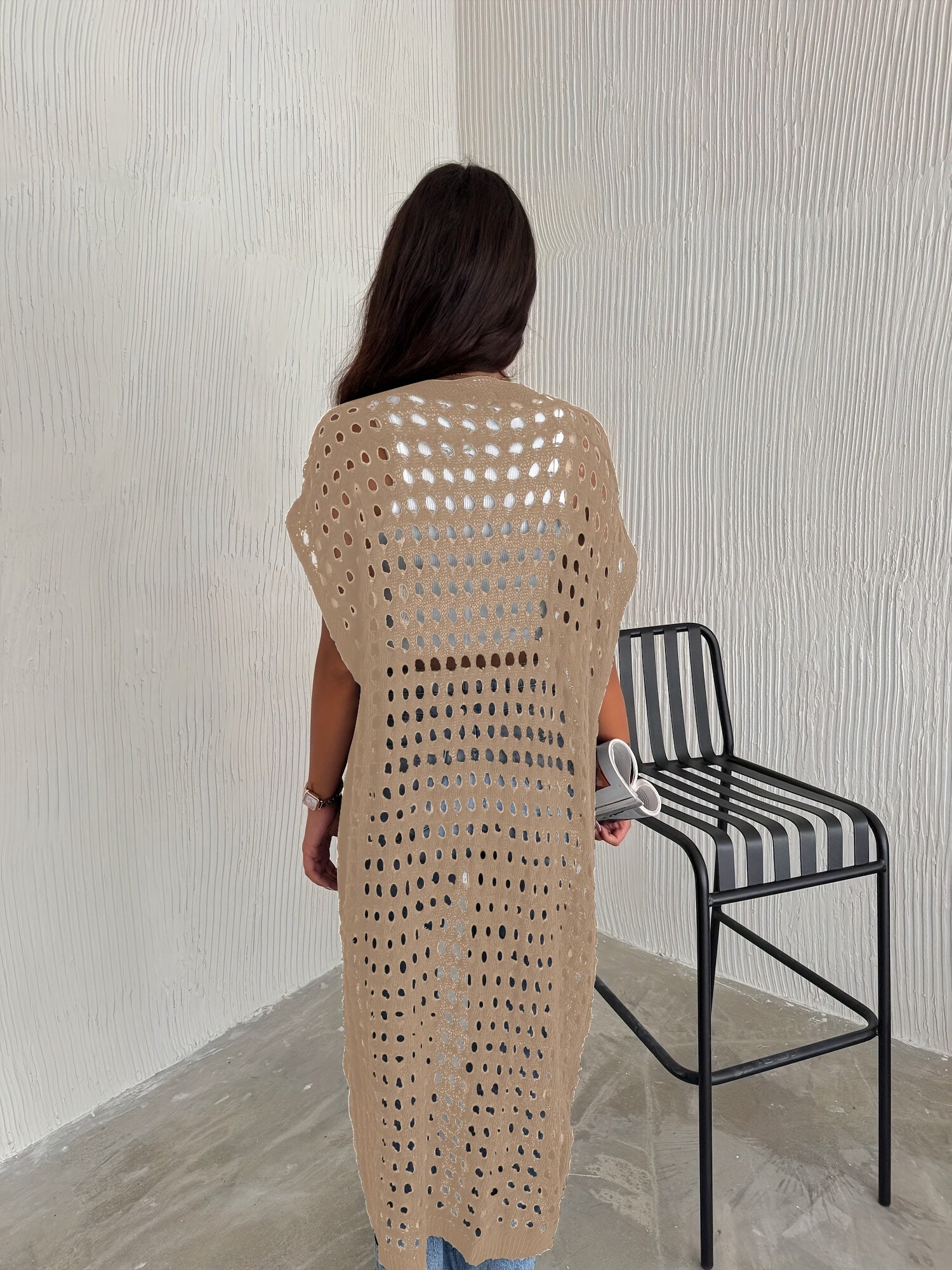 Crochet Lace Vest Sleeveless Long Beach Vest Women's Solid Color Crochet Lace Cardigan (Bikini Not Included)