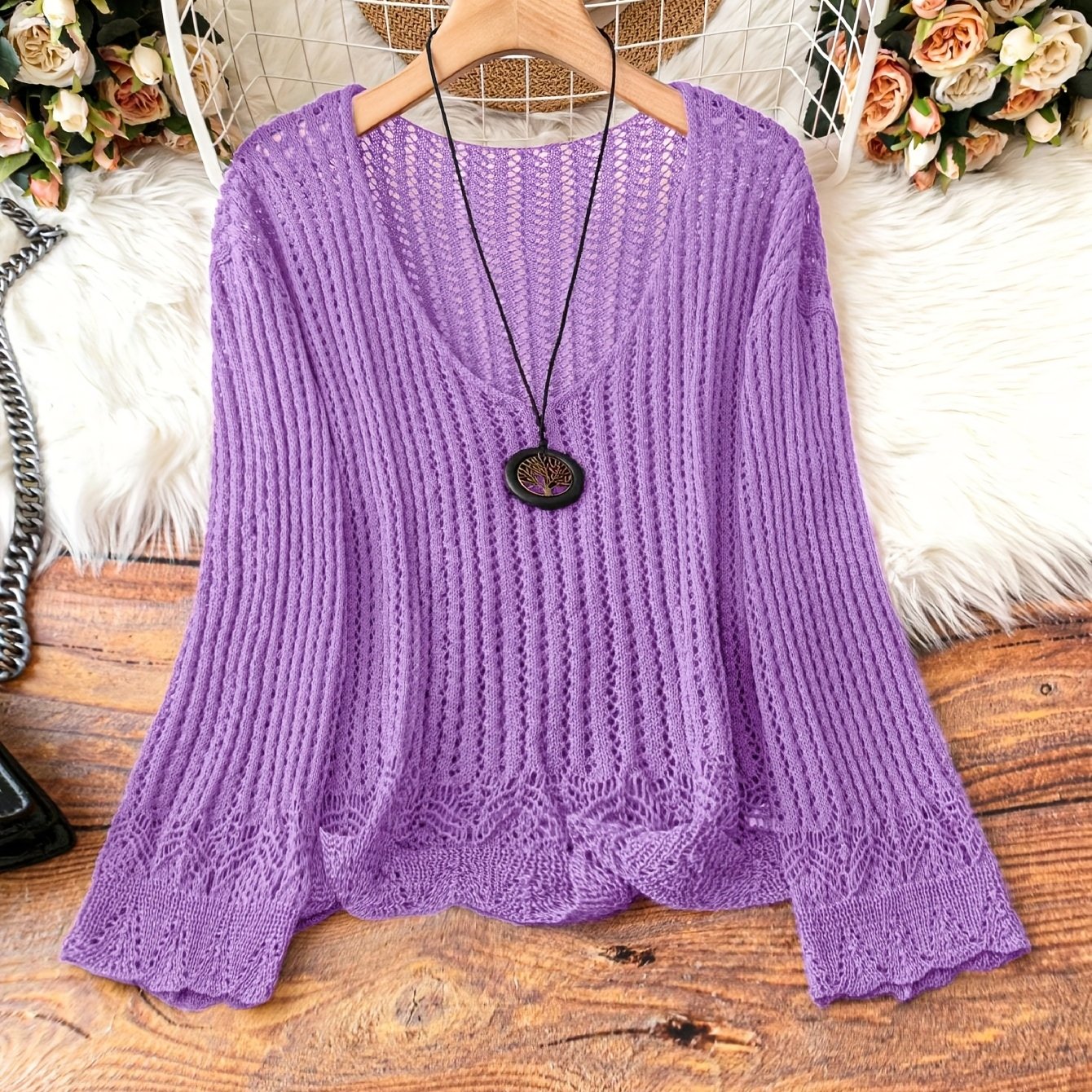 Breathable Openwork Sweater Breathable Openwork Pullover Sweater for Women | Loose Fit Long Sleeve, Deep V-Neck Design, Elegant Casual & Formal Outfits, Spring\u002FSummer Fashion, Stylish Layering Piece