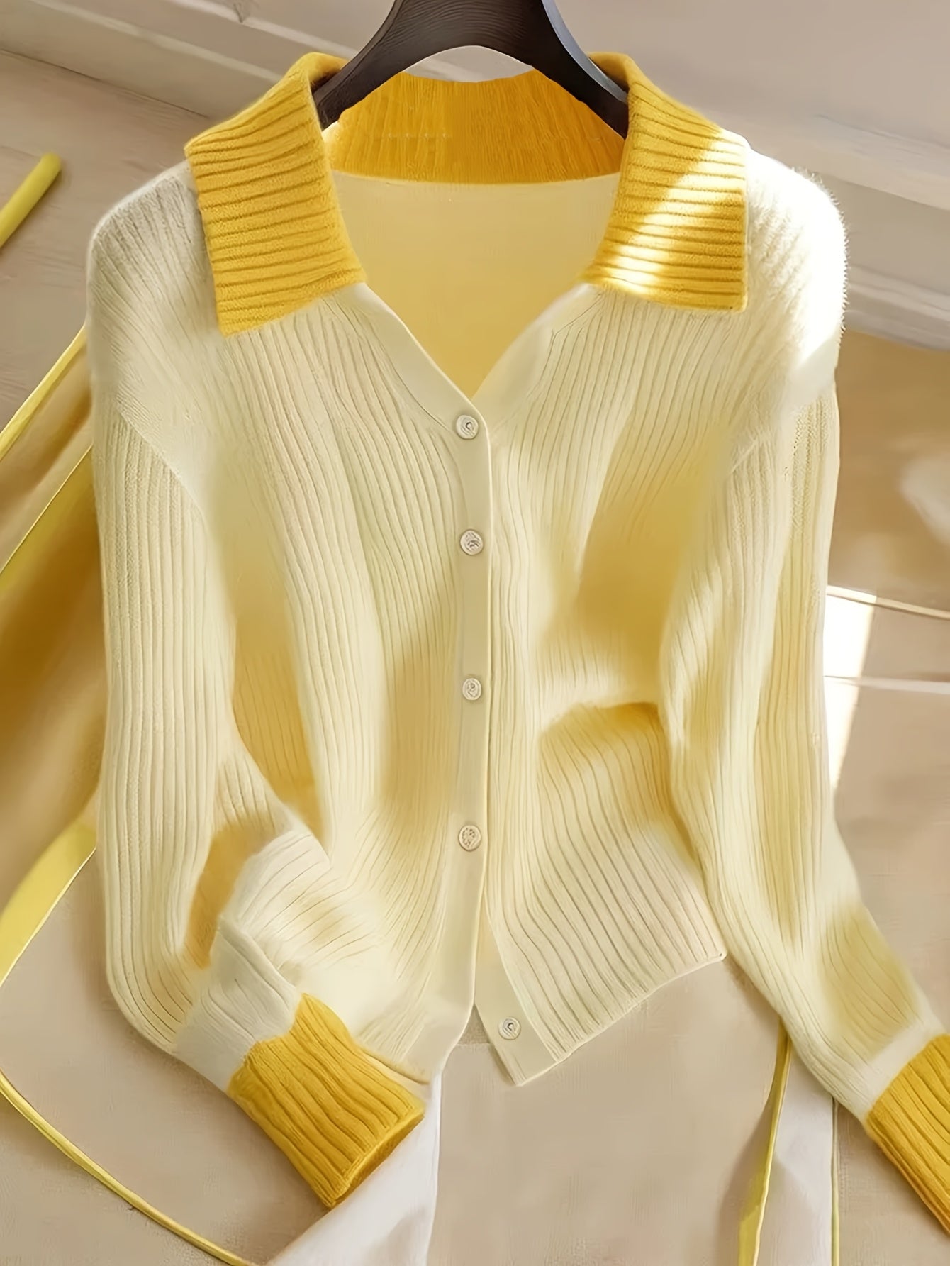 Women'S Yellow Dopamine Cardigan - Casual Chic Open Front Sweater with Button Details, Medium Stretch, Long Sleeves, Perfect for Spring\u002FFall Outfits, Spring Fall Wear | Chic Cardigan | Construction, Sweater Dress