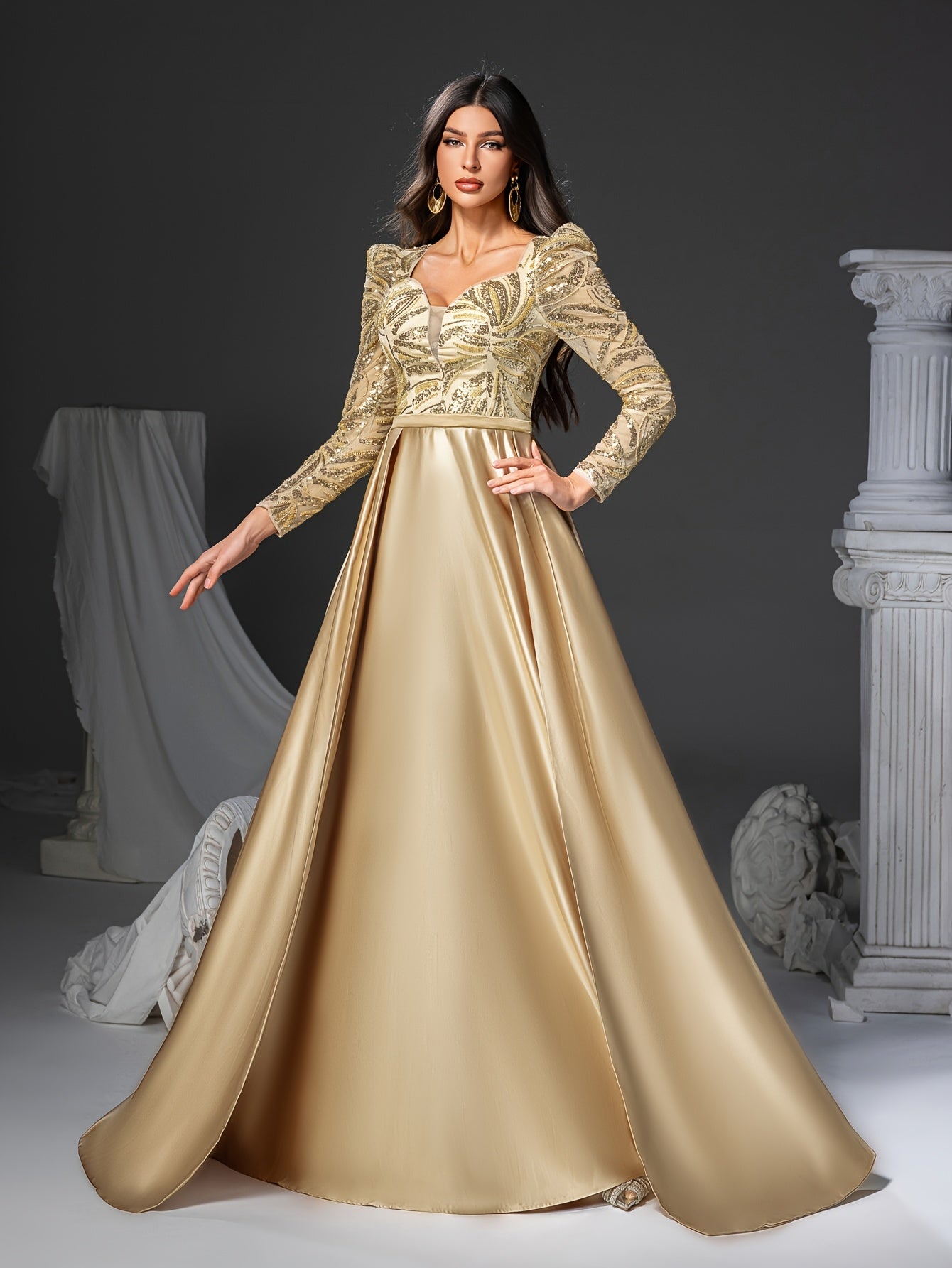 Golden Sequin Mermaid Dress Elegant Women's Golden Sequin Embellished Mermaid Dress | Long Sleeve V-Neck Formal Party Wedding Gown with Flowy Train | Hand Wash Only, Wedding Guest Attire, Sophisticated Fashion, Structured Bodice