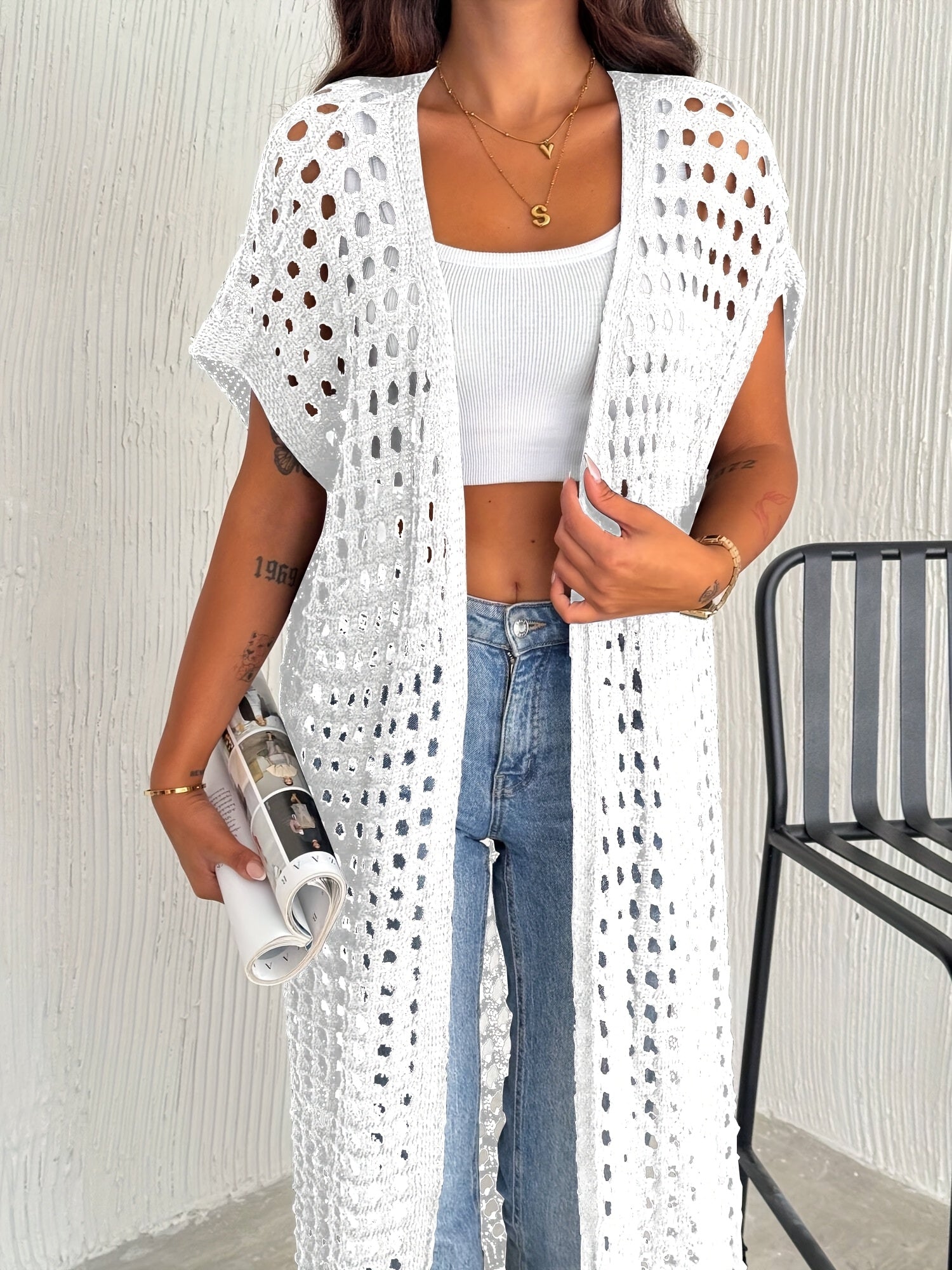 Crochet Lace Vest Sleeveless Long Beach Vest Women's Solid Color Crochet Lace Cardigan (Bikini Not Included)