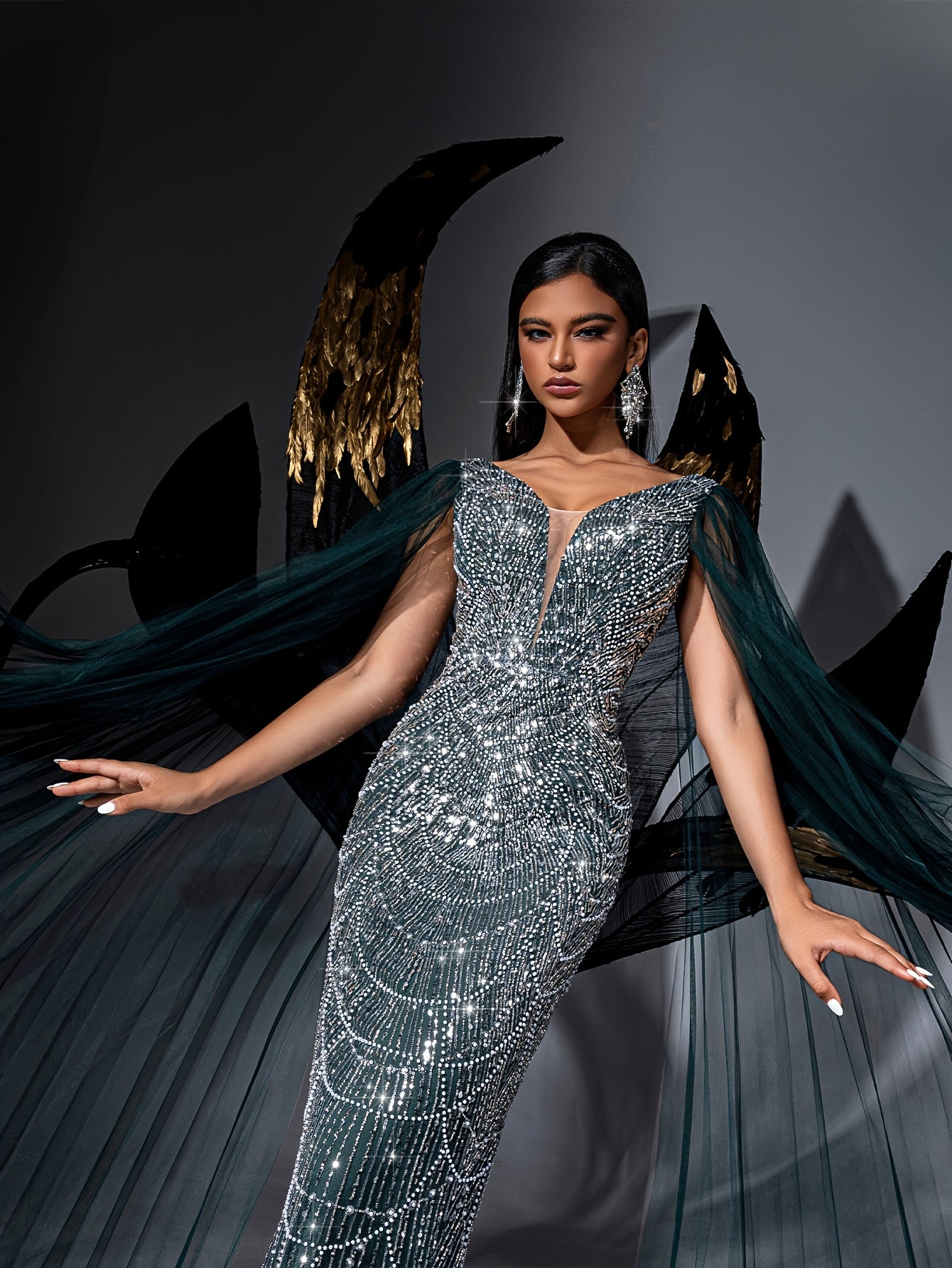 Evening Dress Women's Mesh Shawl Deep V-Neck Bodycon High-Waisted Long Train Skirt Suitable for Banquet Party