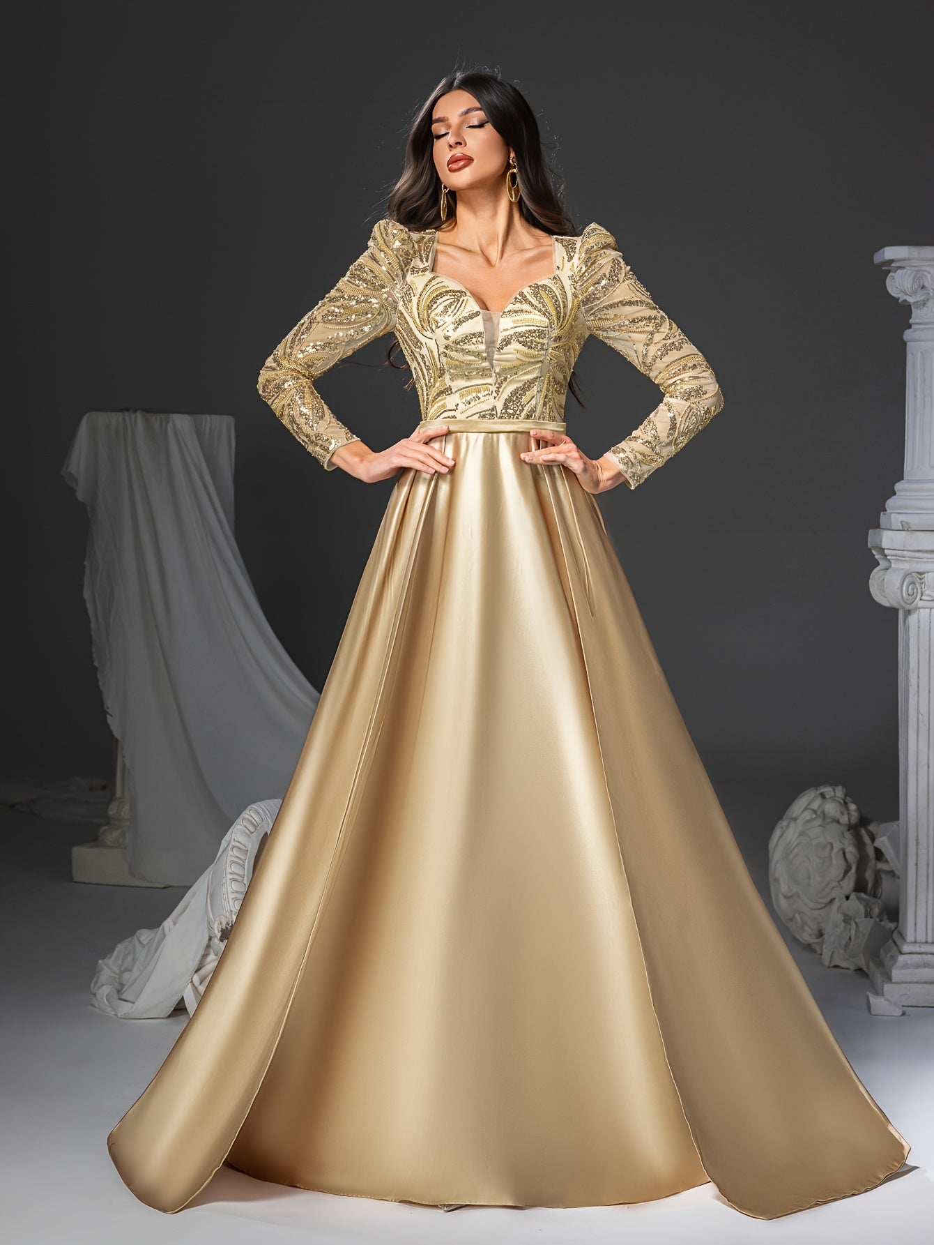 Golden Sequin Mermaid Dress Elegant Women's Golden Sequin Embellished Mermaid Dress | Long Sleeve V-Neck Formal Party Wedding Gown with Flowy Train | Hand Wash Only, Wedding Guest Attire, Sophisticated Fashion, Structured Bodice