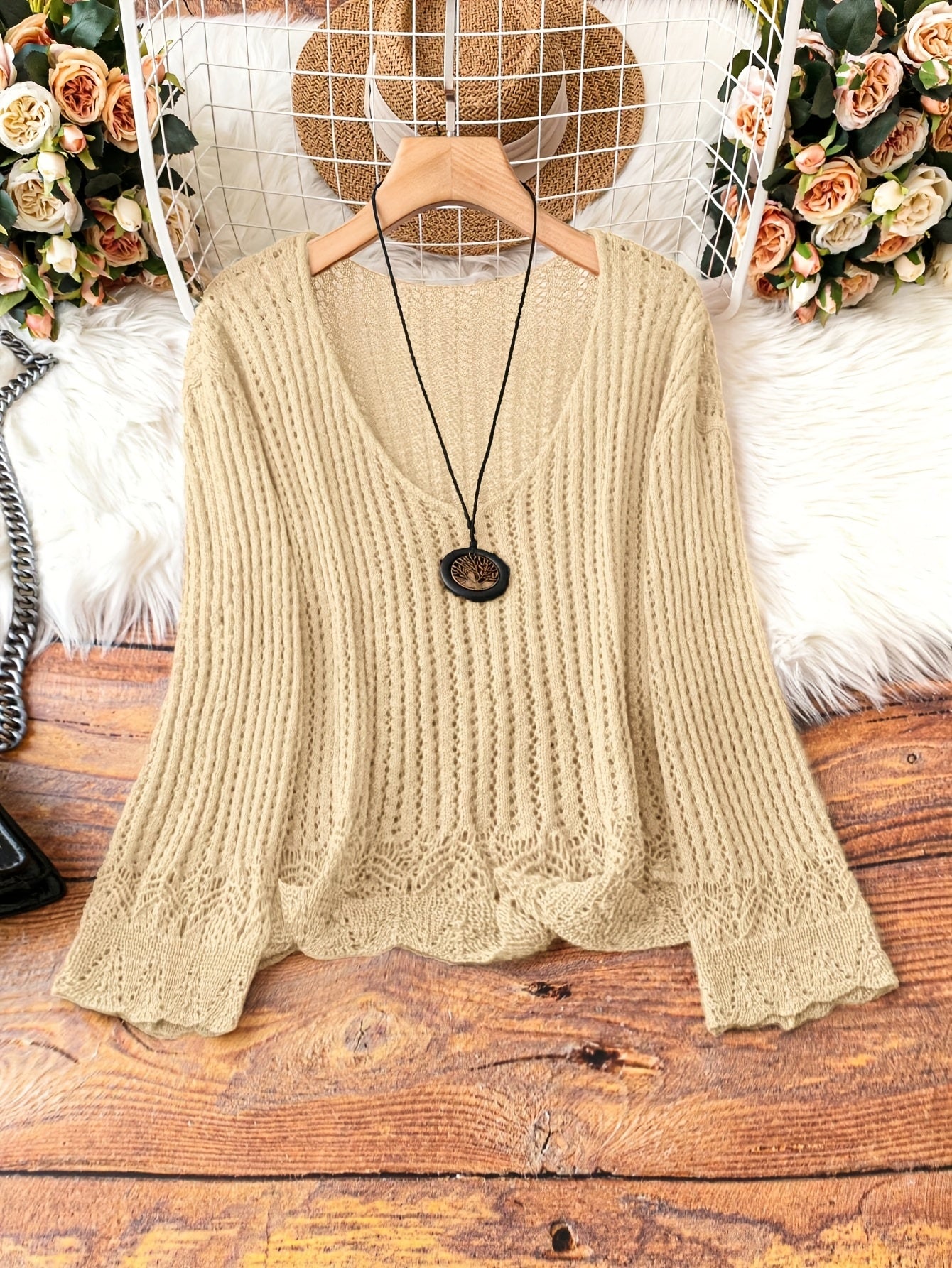Breathable Openwork Sweater Breathable Openwork Pullover Sweater for Women | Loose Fit Long Sleeve, Deep V-Neck Design, Elegant Casual & Formal Outfits, Spring\u002FSummer Fashion, Stylish Layering Piece